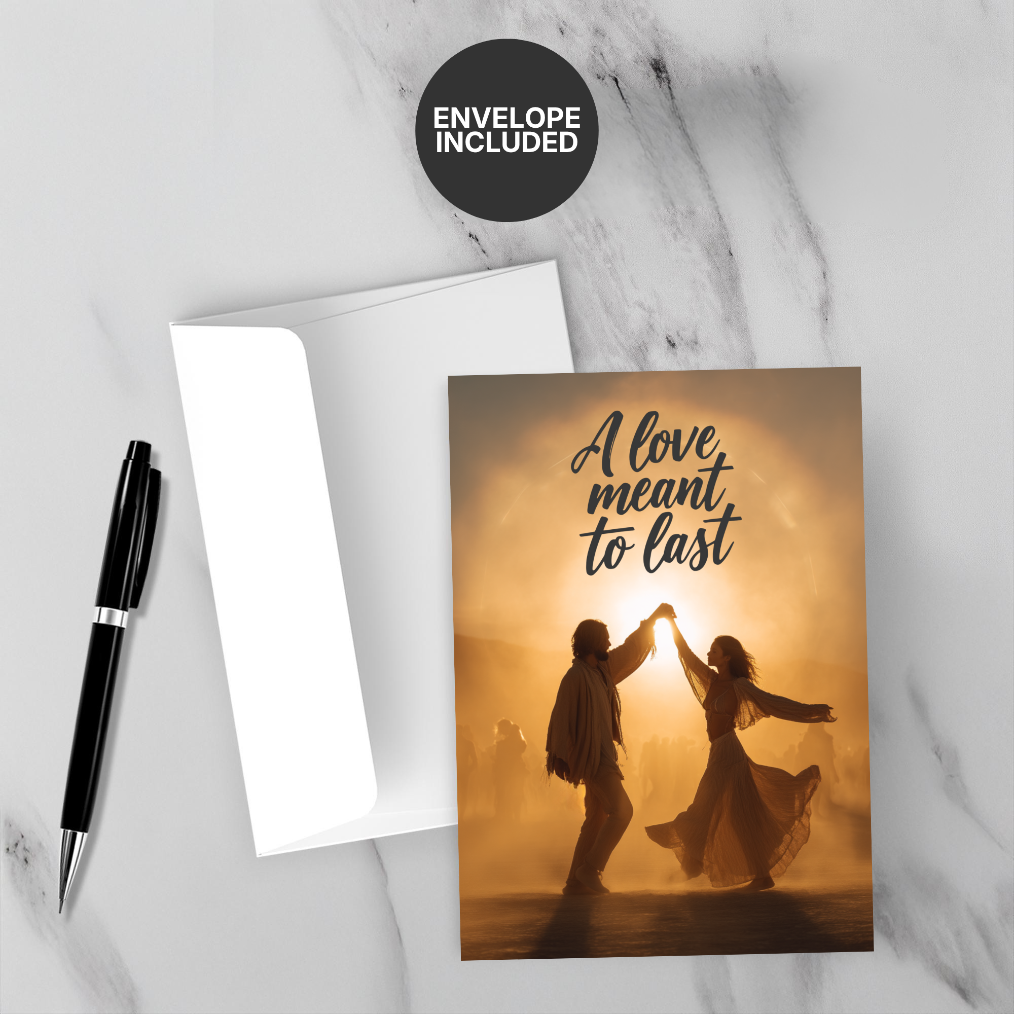Greeting card with 'A love meant to last' text and a silhouette of a couple, accompanied by a pen and envelope on a marble surface.