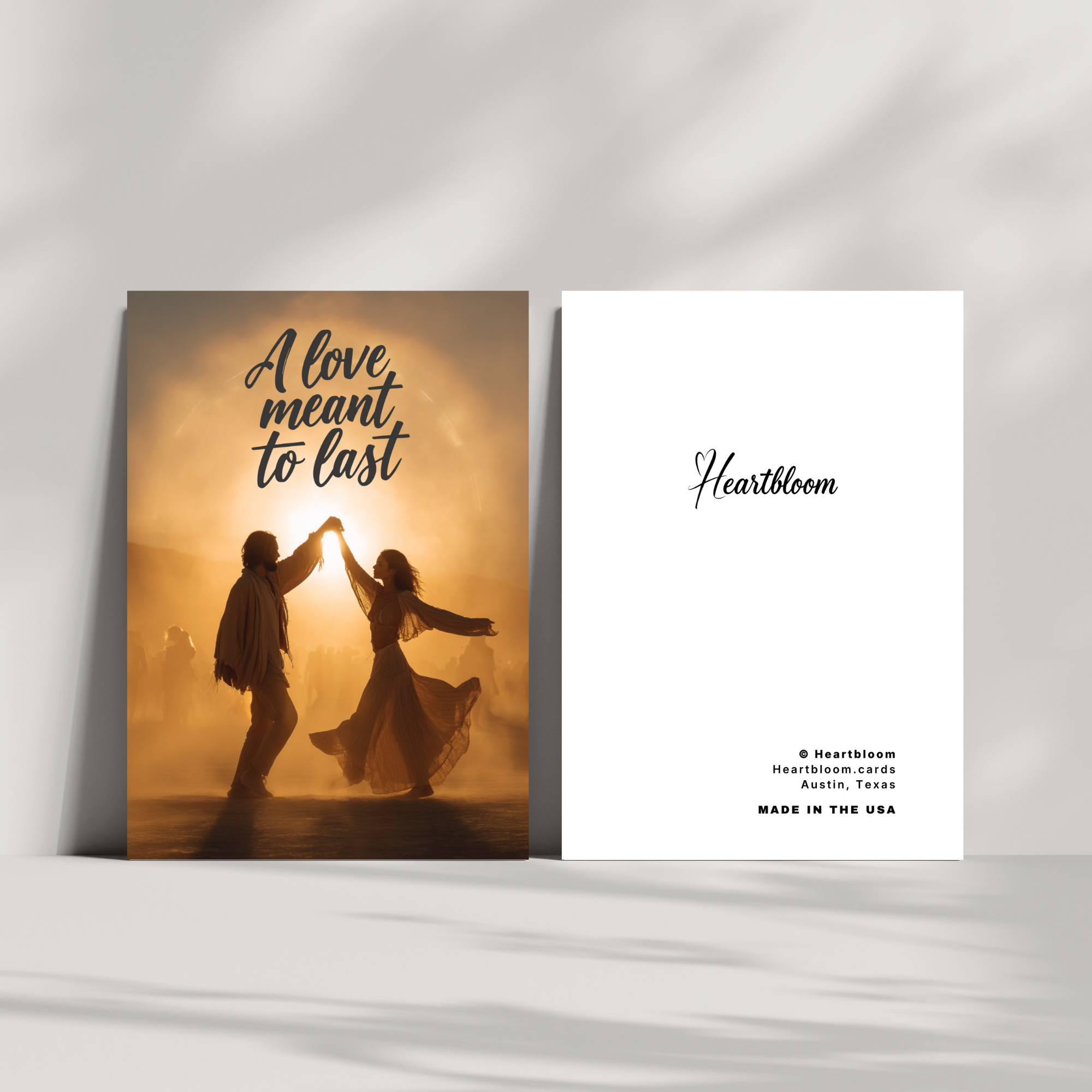 Two greeting cards with a romantic design featuring a couple and the brand 'Heartbloom'.