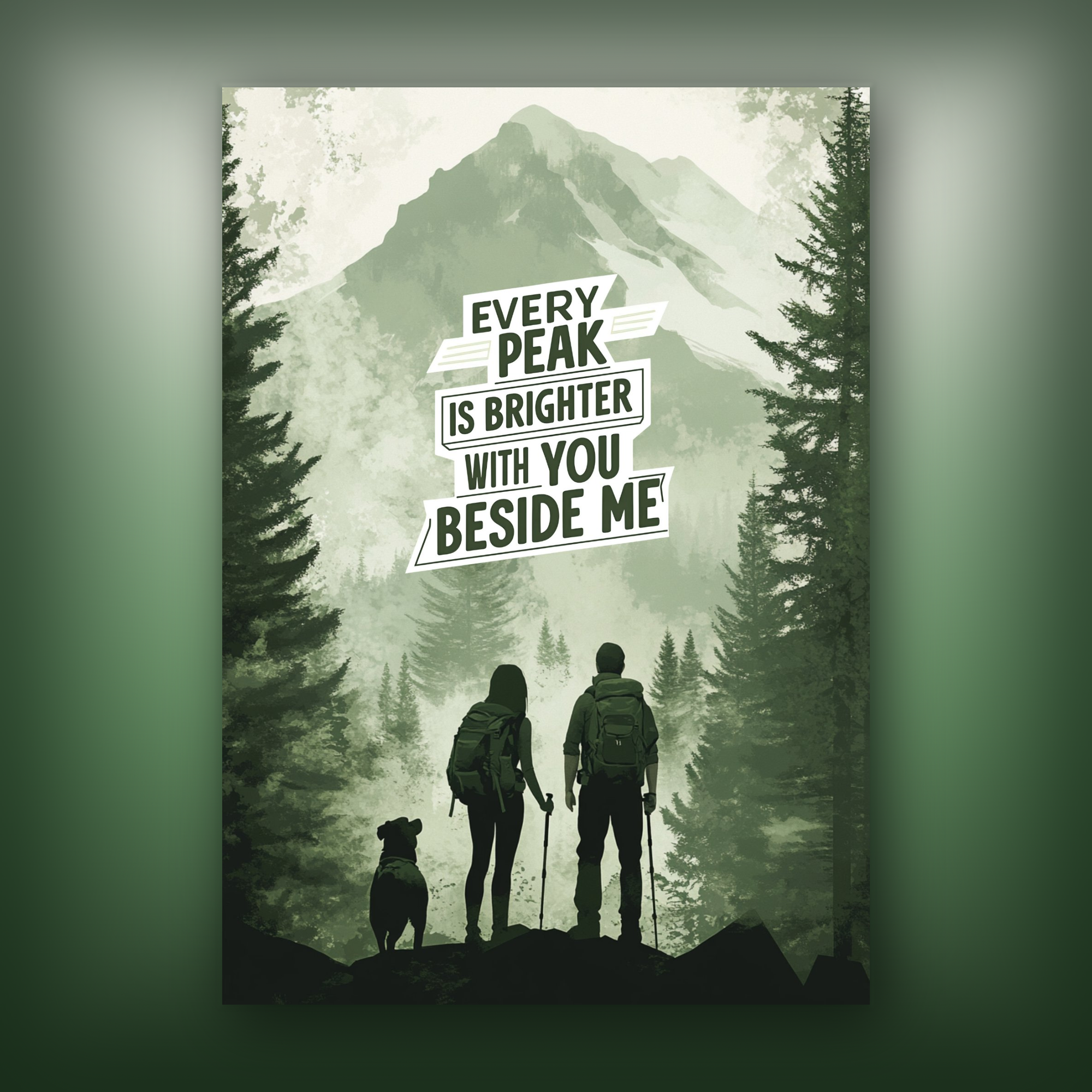 Card of a silhouette of a couple with a dog against a mountainous background with motivational quote.