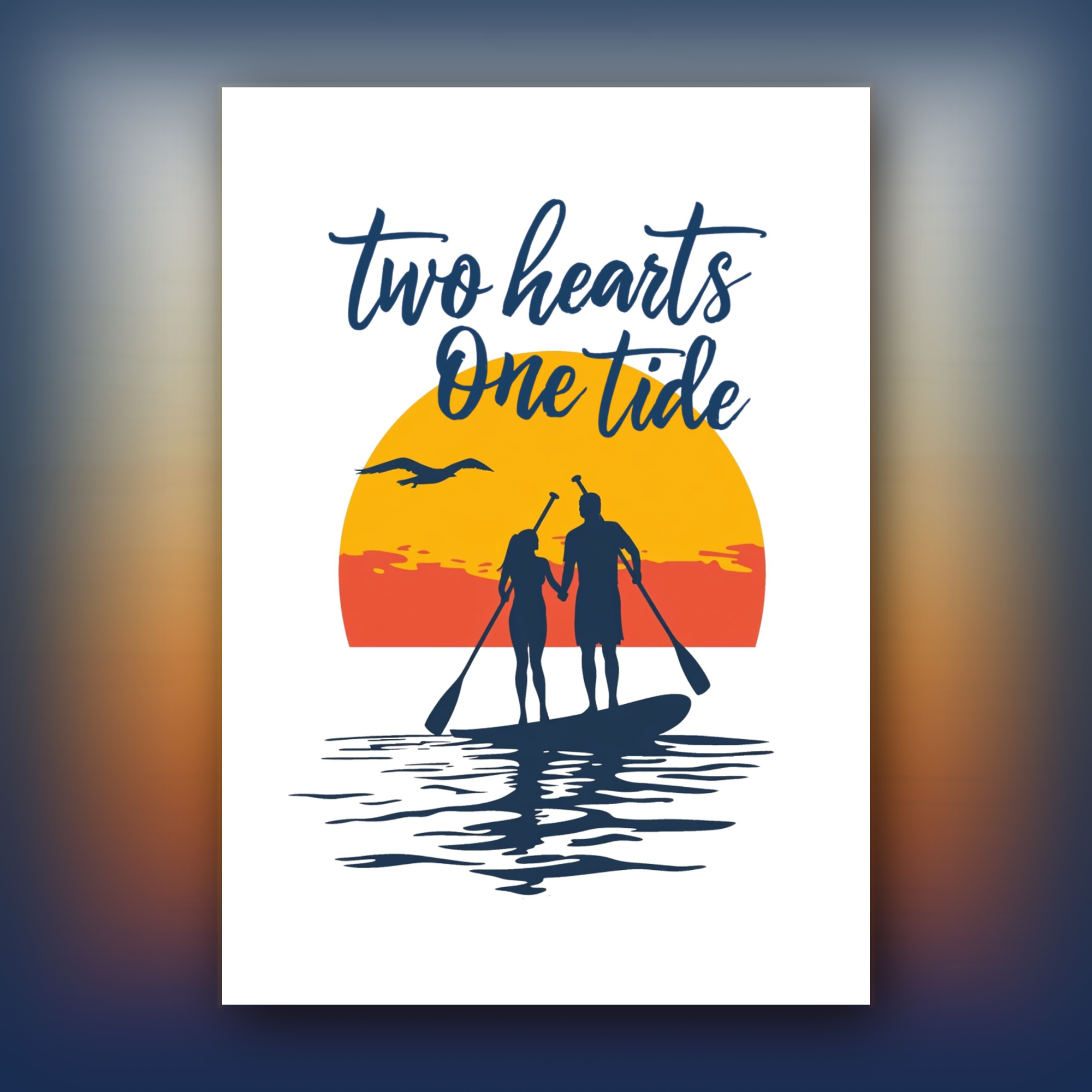 Card with 'Two hearts One tide' text, sunset design, and silhouettes of a couple on a paddleboard.