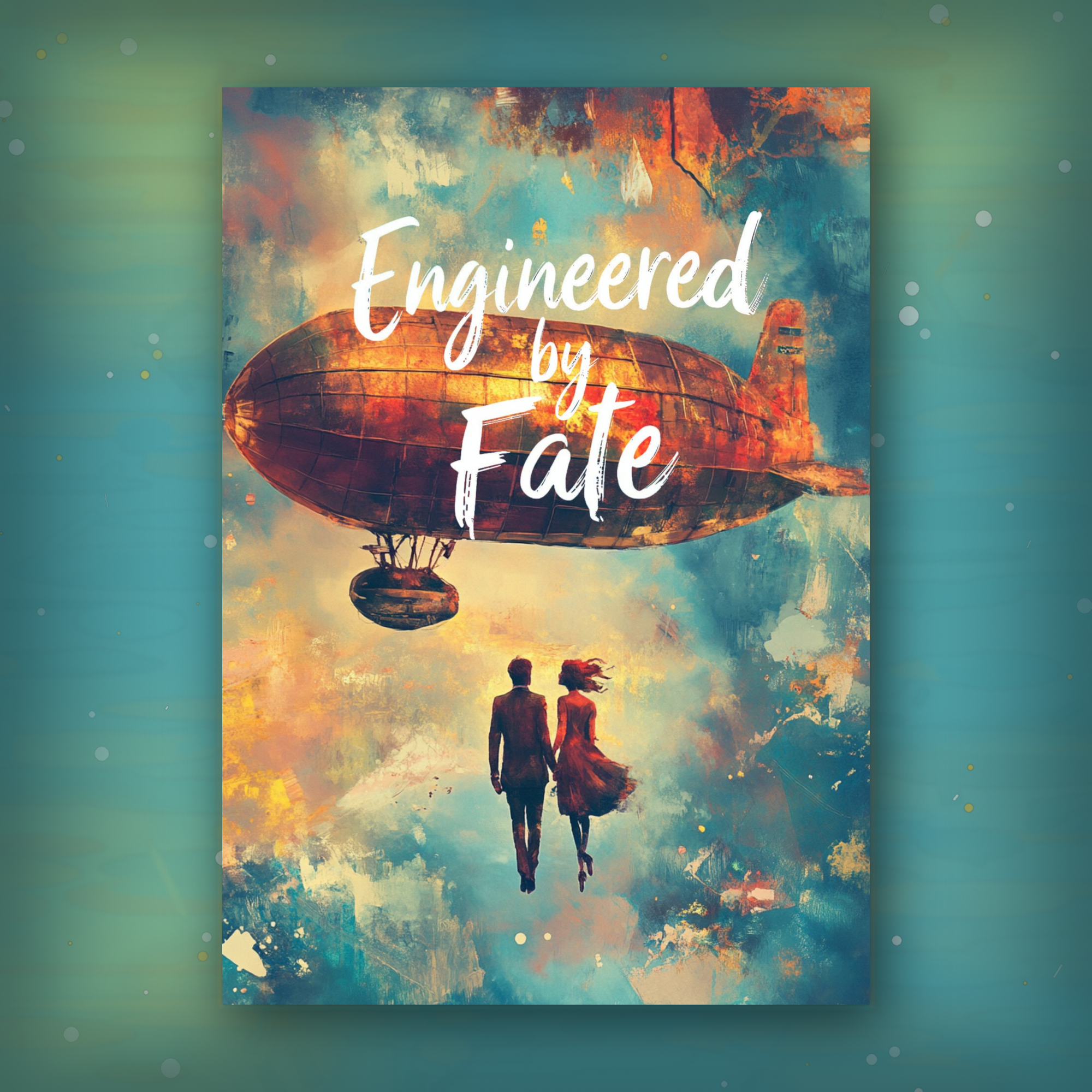 Card  with a steampunk blimp and couple under 'Engineered by Fate' text on a colorful background.