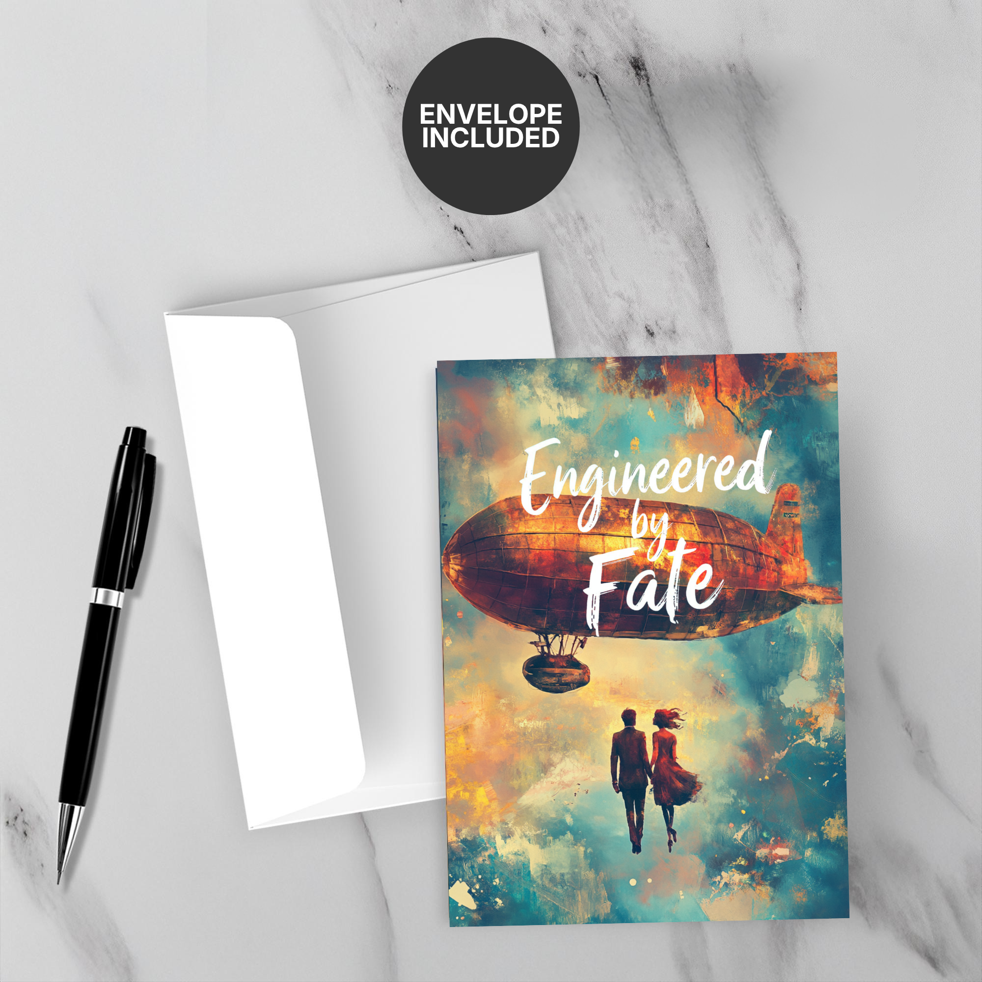 Greeting card with 'Engineered by Fate' text and a blimp, accompanied by a pen and envelope on a marble surface.