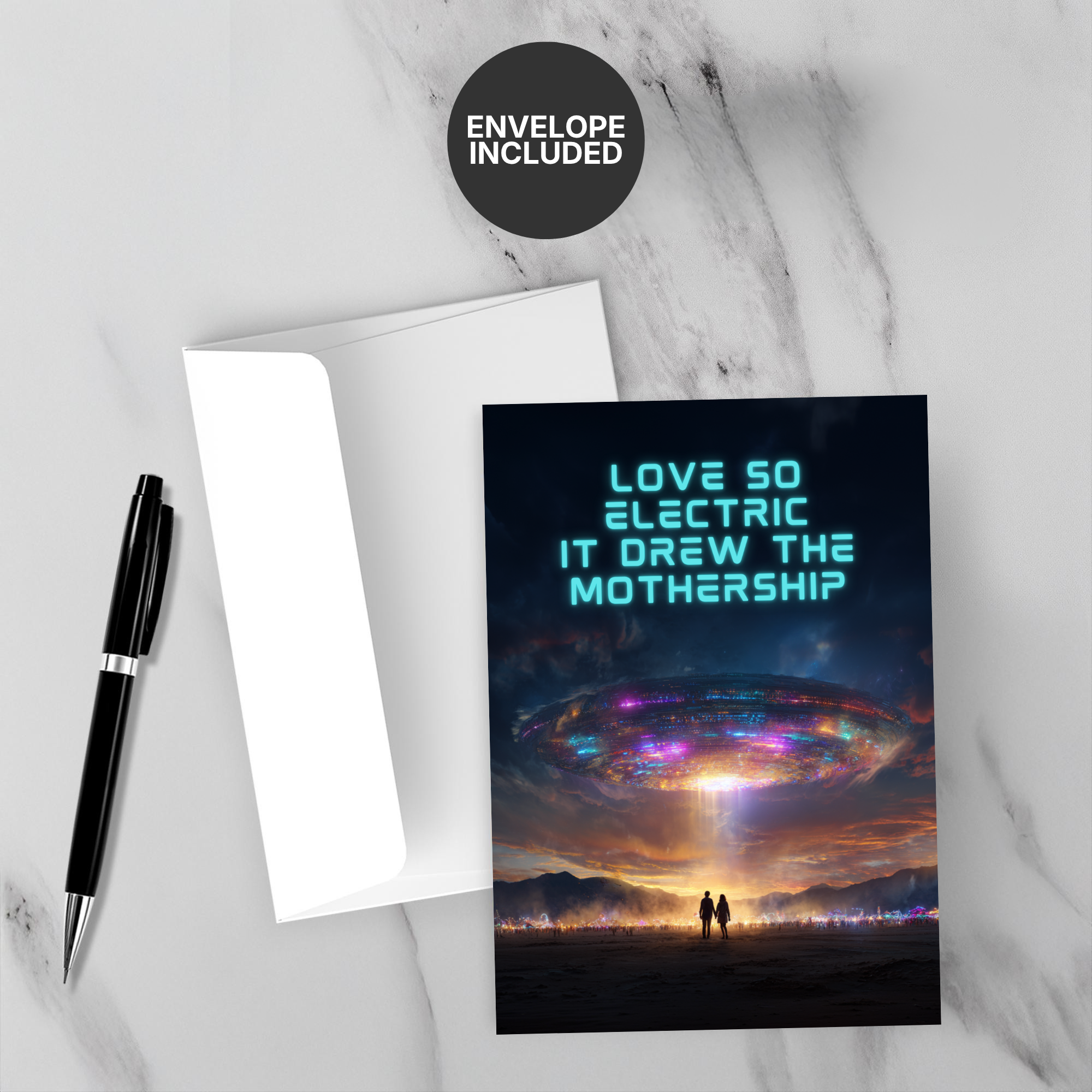 Greeting card with space-themed design and text, accompanied by a pen and envelope on a marble surface.
