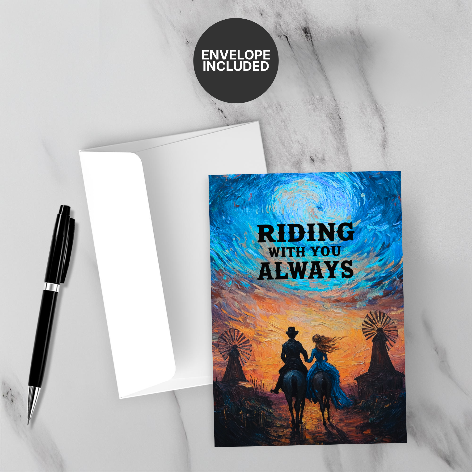 Greeting card with 'Riding with You Always' text and a silhouette of a couple on horses, accompanied by an envelope and pen on a marble surface.