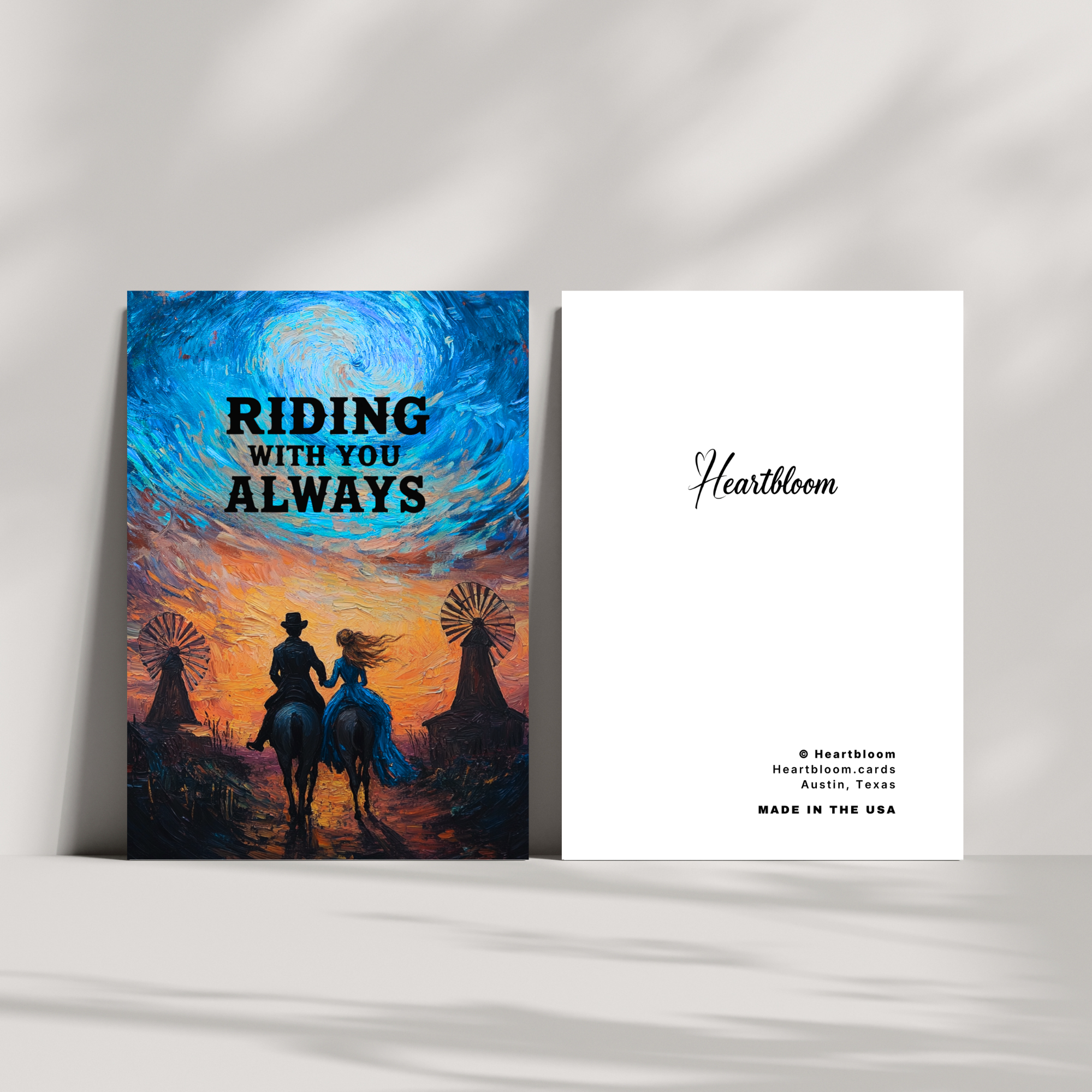 Two cards featuring a romantic scene with text 'Riding with you always' and 'Heartbloom' branding.