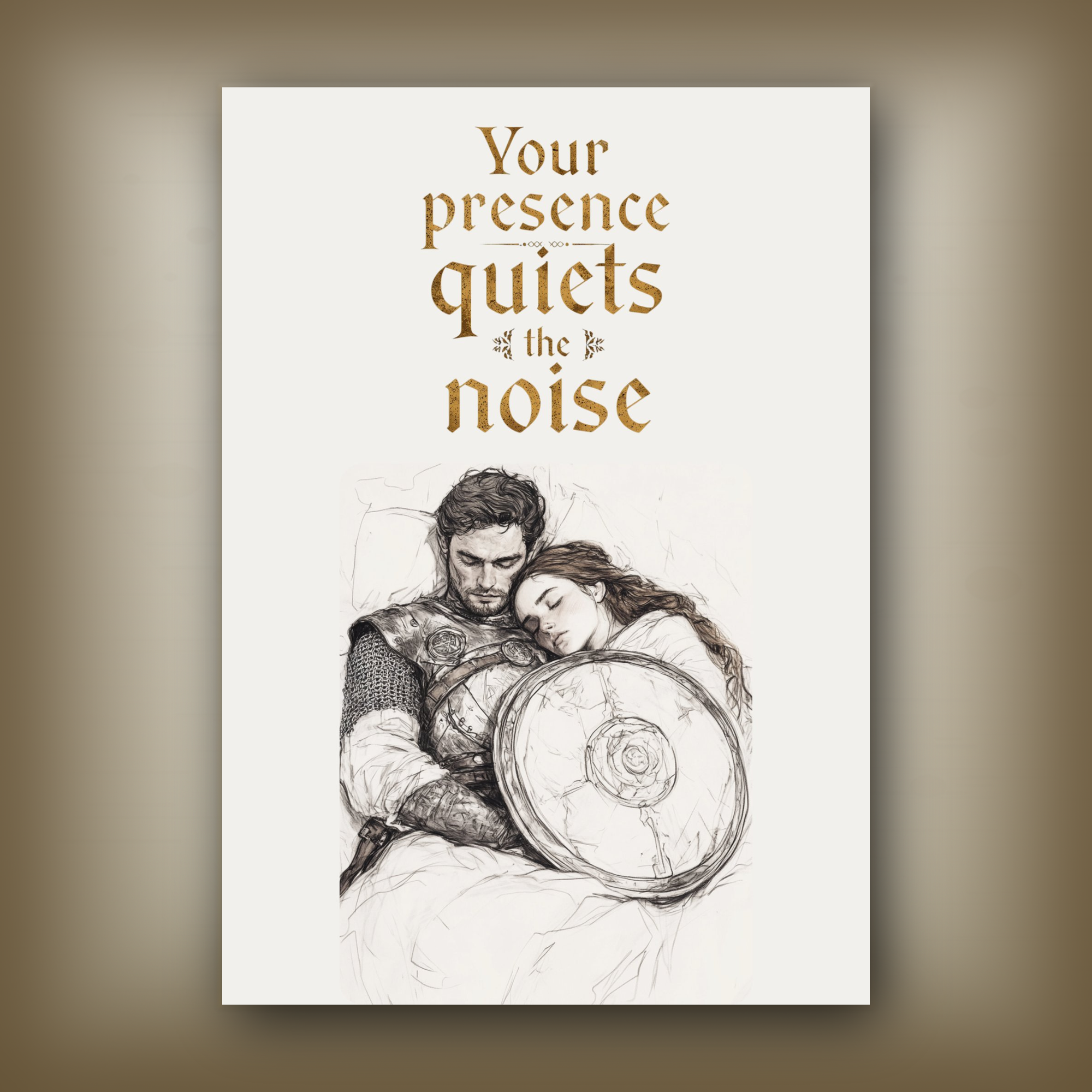 Card illustration of a man and woman embracing with a shield, accompanied by the text 'Your presence quiets the noise' on a white background.
