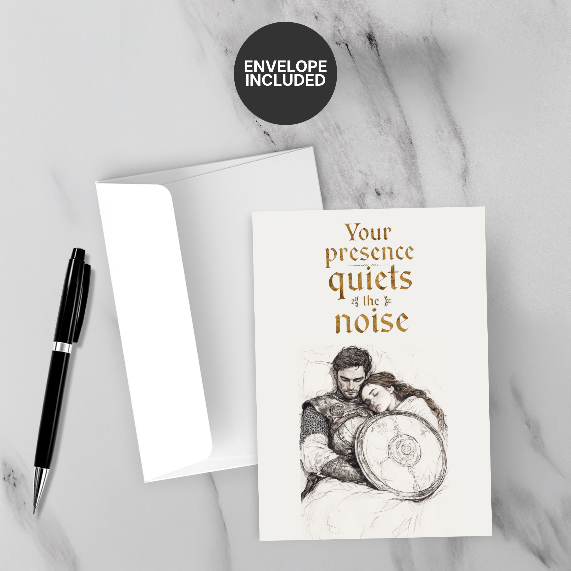 Greeting card with romantic illustration and text on a marble surface with a pen and envelope.