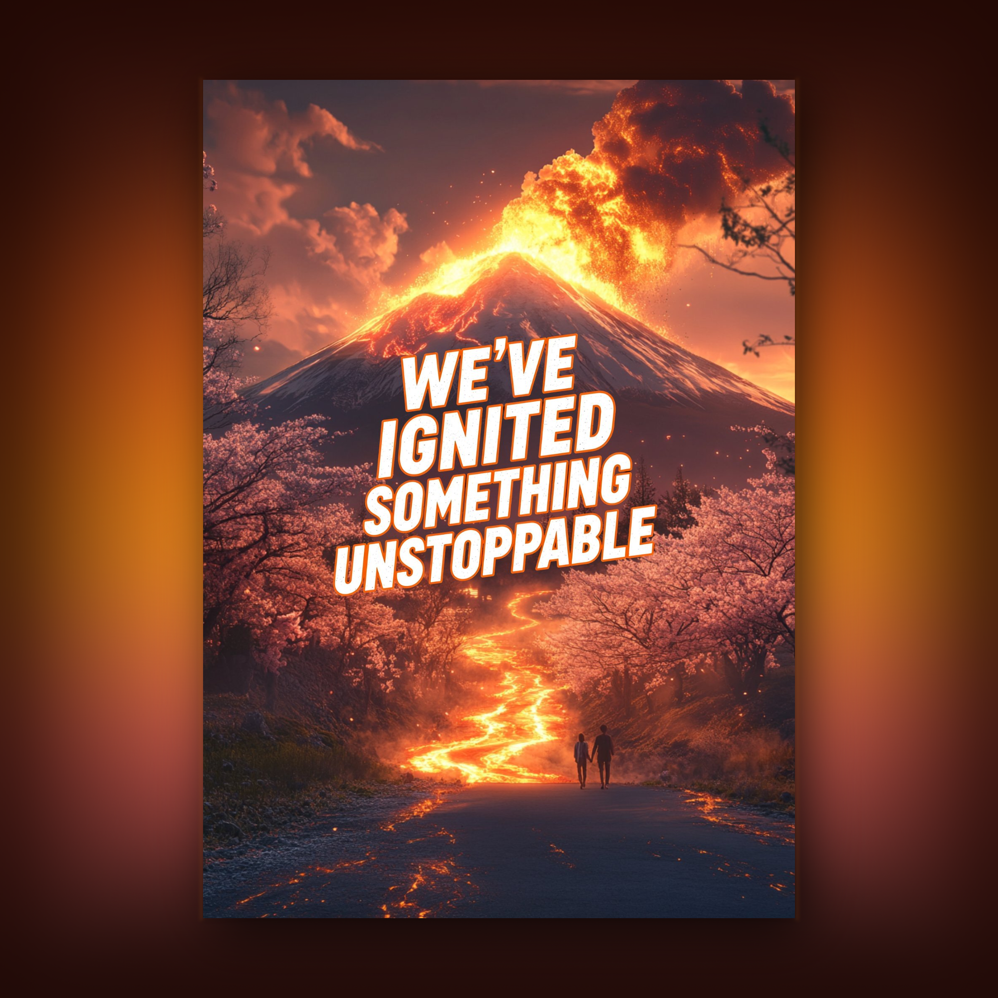 Card with volcanic eruption with text 'WE'VE IGNITED SOMETHING UNSTOPPABLE' on a gray background