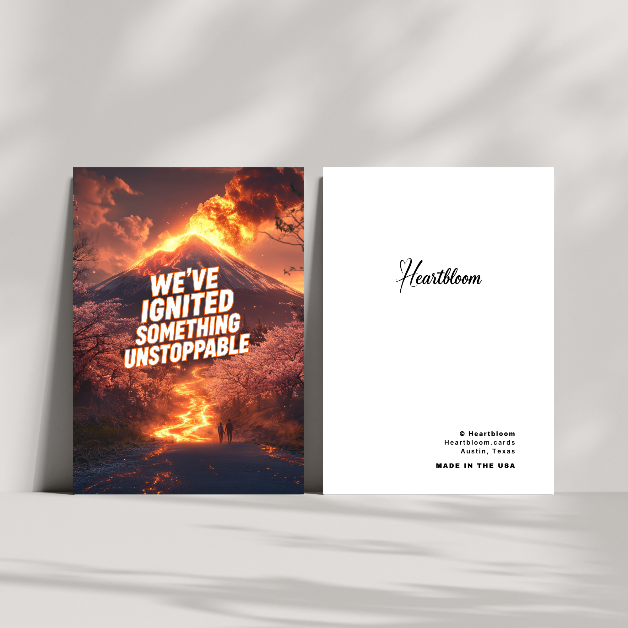 Card with fiery design and 'Heartbloom' branding on a white background