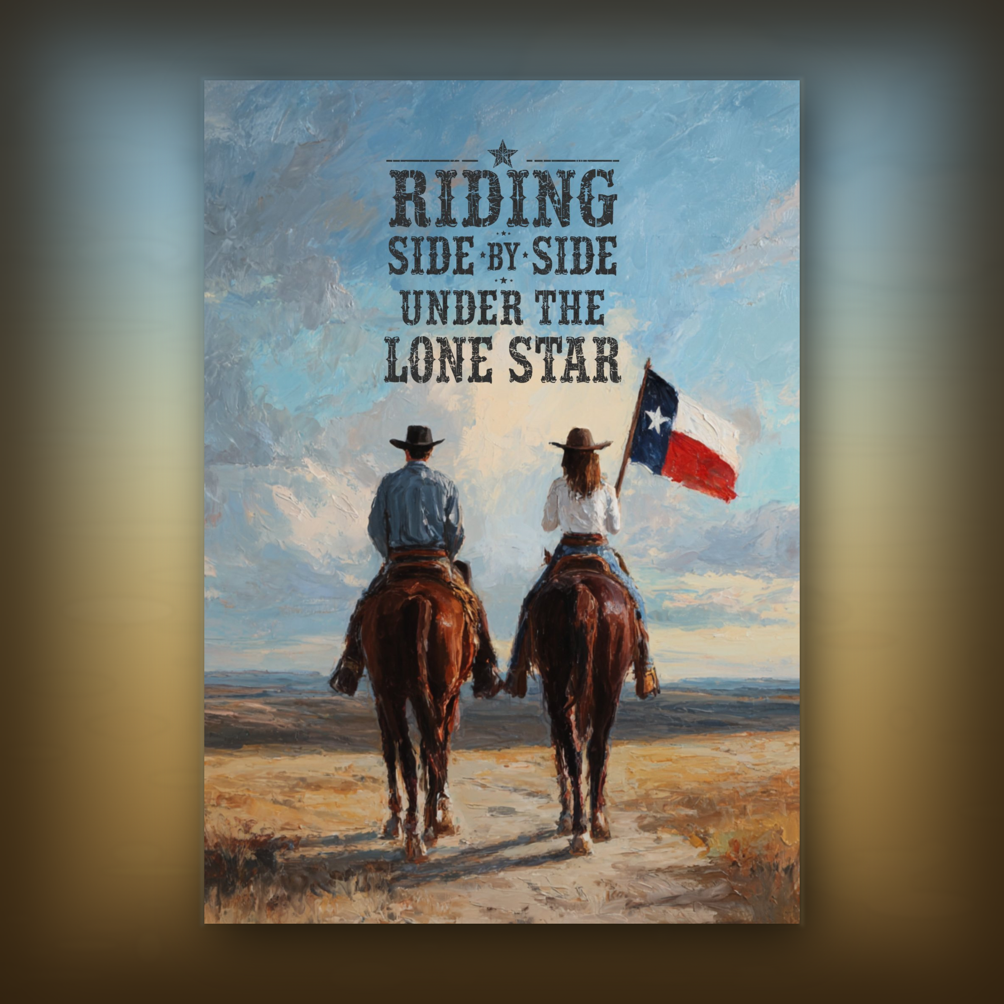 Card of two people riding horses with a Texas flag, under the text 'Riding Side by Side Under the Lone Star'.
