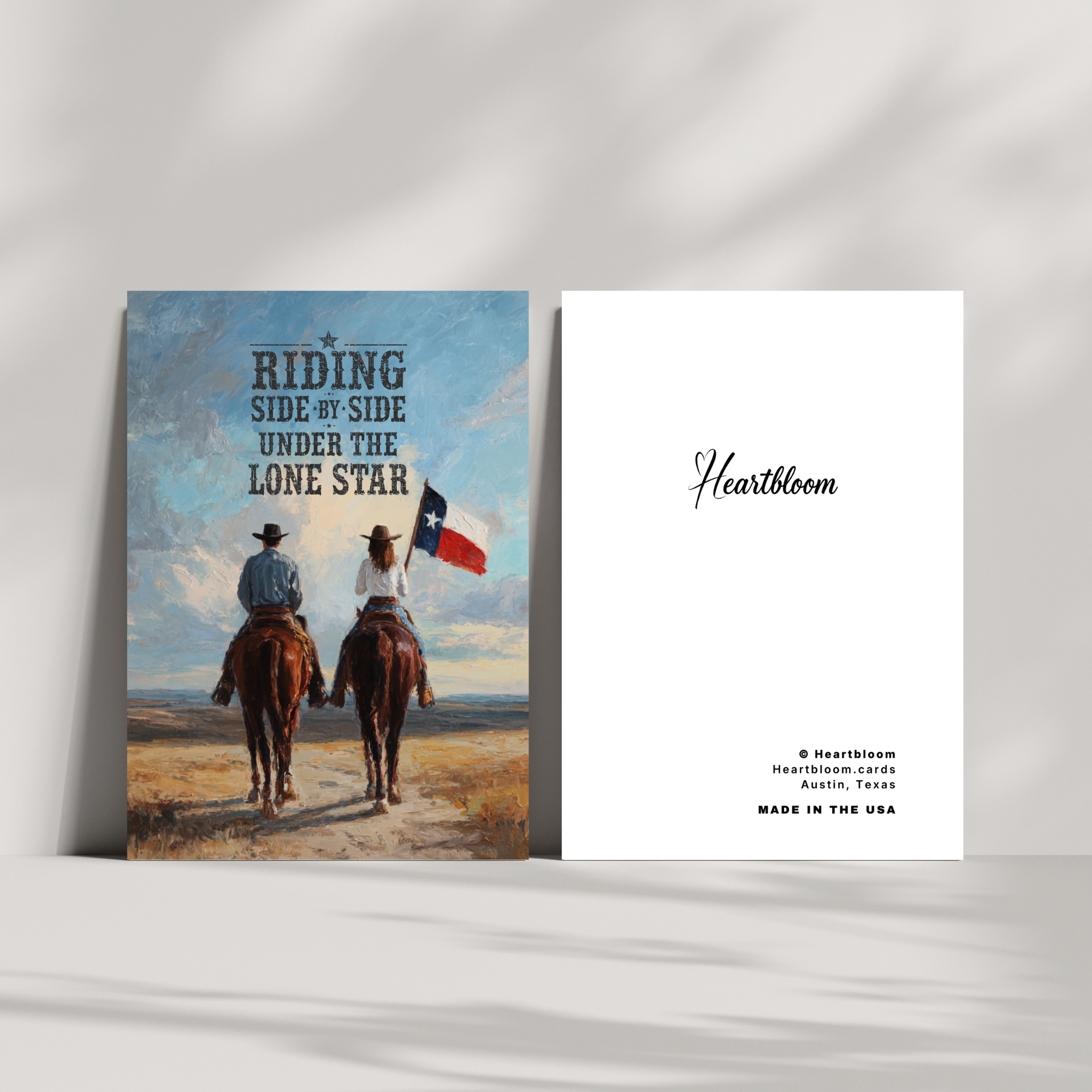 Card with two people on horses and a Texas flag, with 'Heartbloom' branding.
