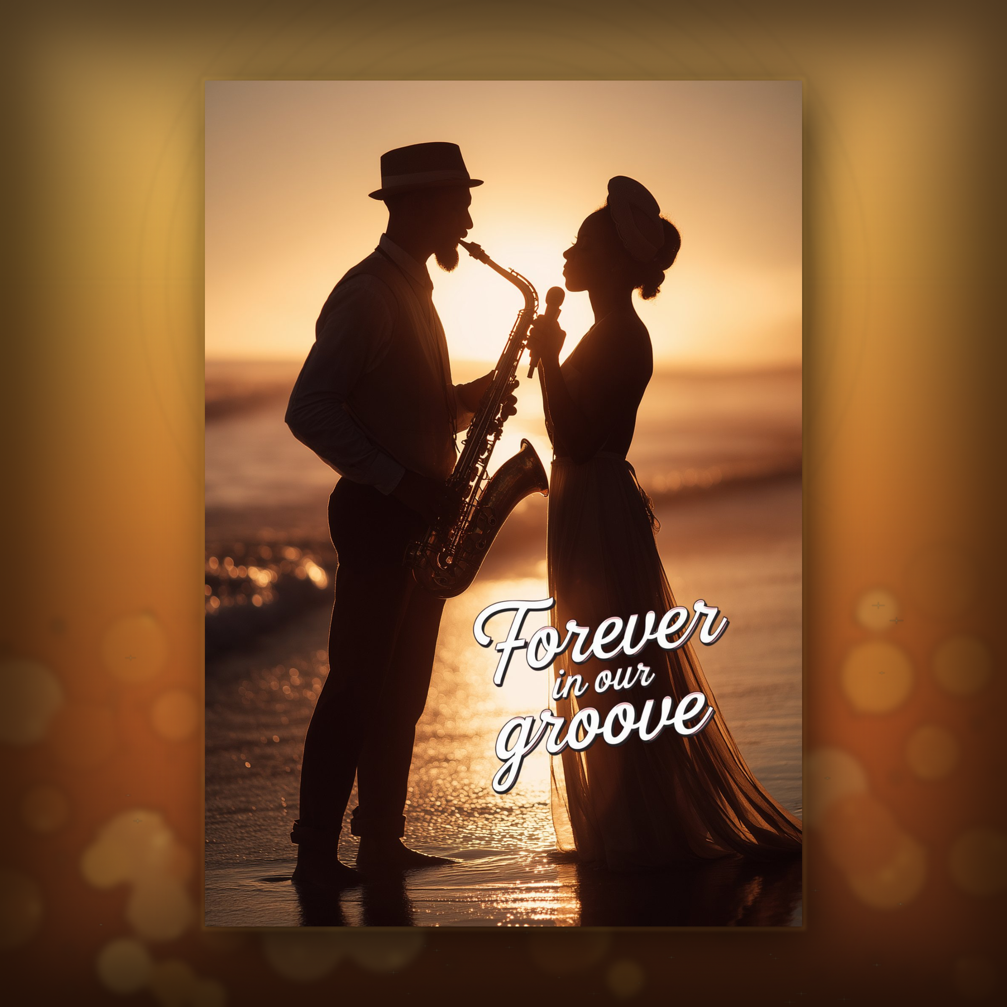 Card with silhouette of a couple on a beach with 'Forever in our groove' text at sunset.