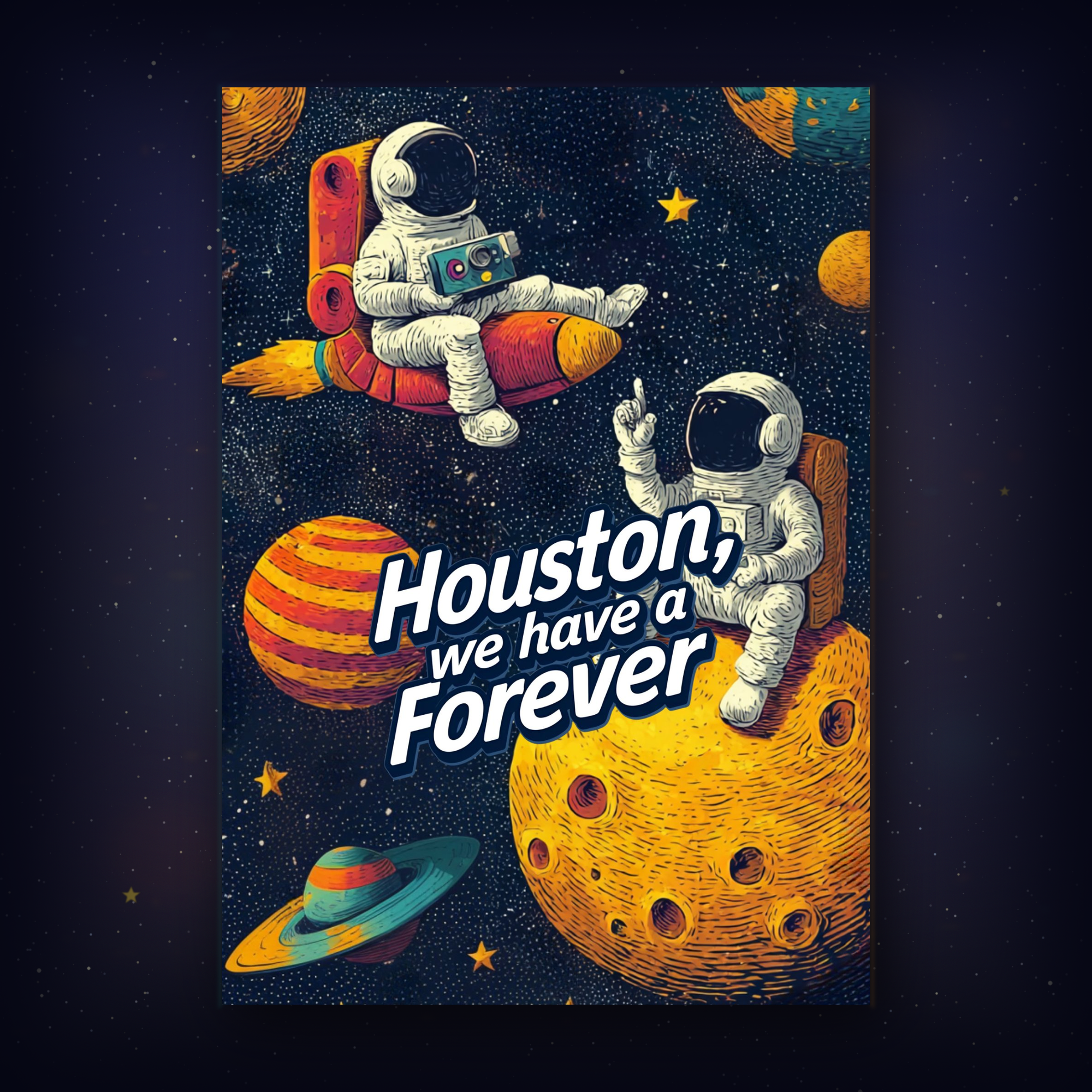 Card with illustration of astronauts on a moon with planets and stars, featuring the text 'Houston, we have a Forever'.