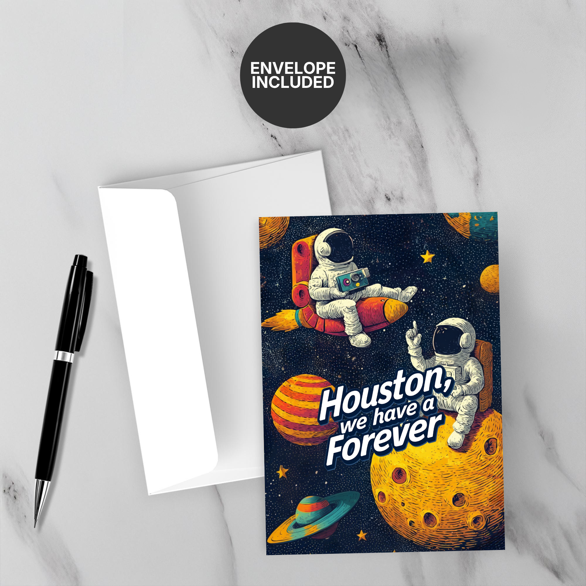 Greeting card with astronauts and 'Houston, we have a forever' text on a marble surface with a pen and envelope.