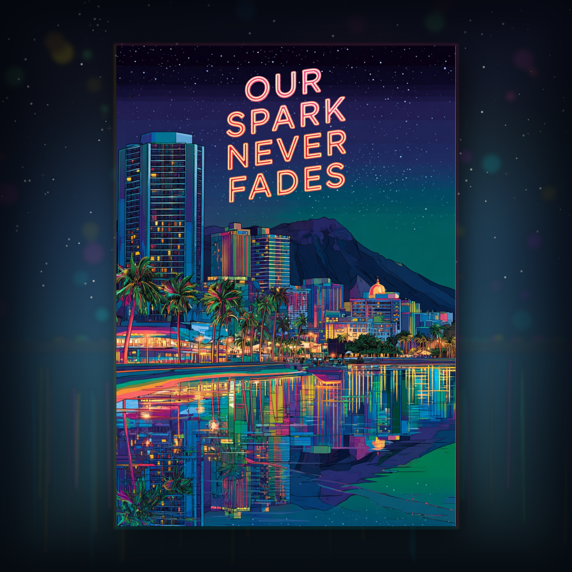 Card with cityscape at night with 'Our Spark Never Fades' text overlay