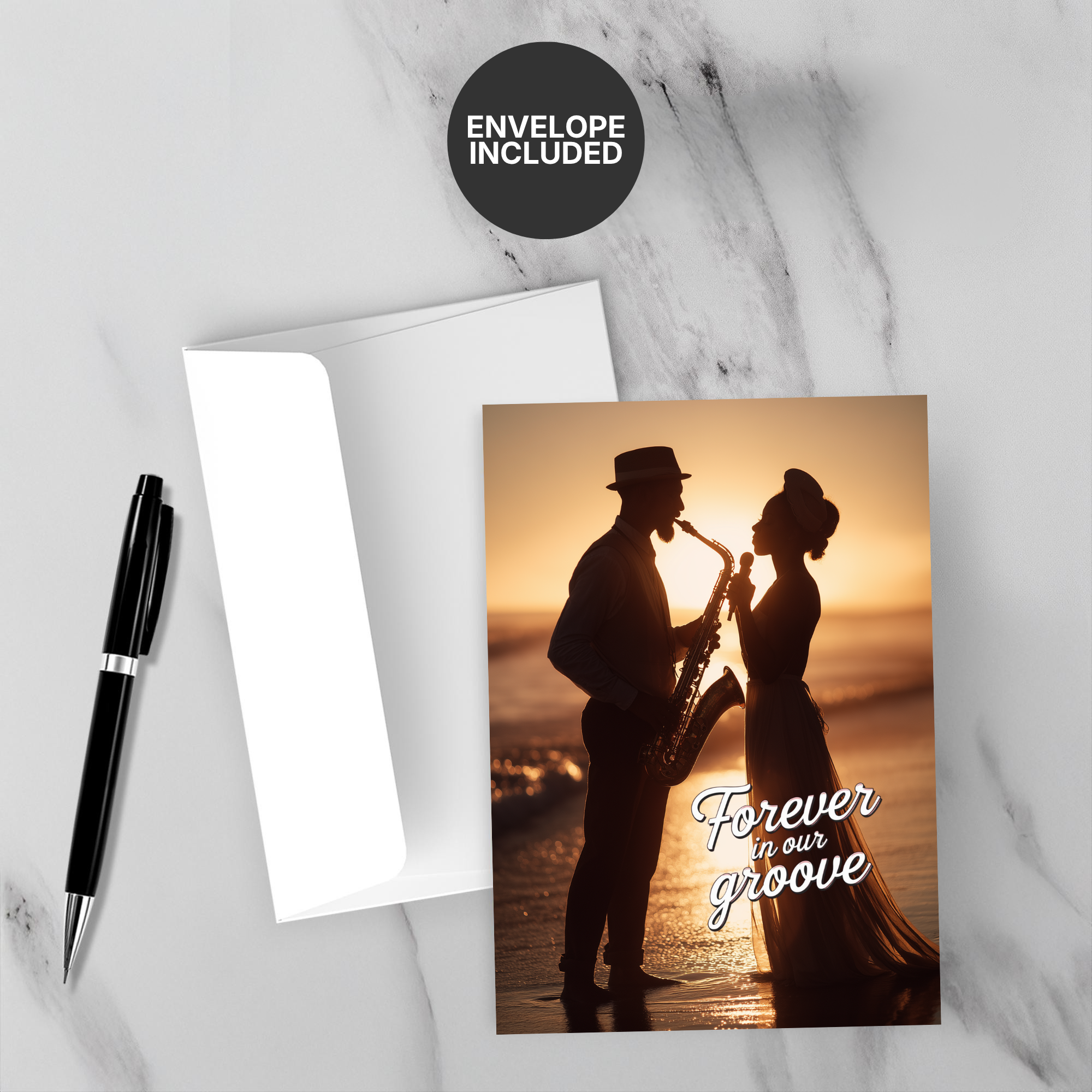 Greeting card with a silhouette of a couple playing saxophone at sunset, envelope included.