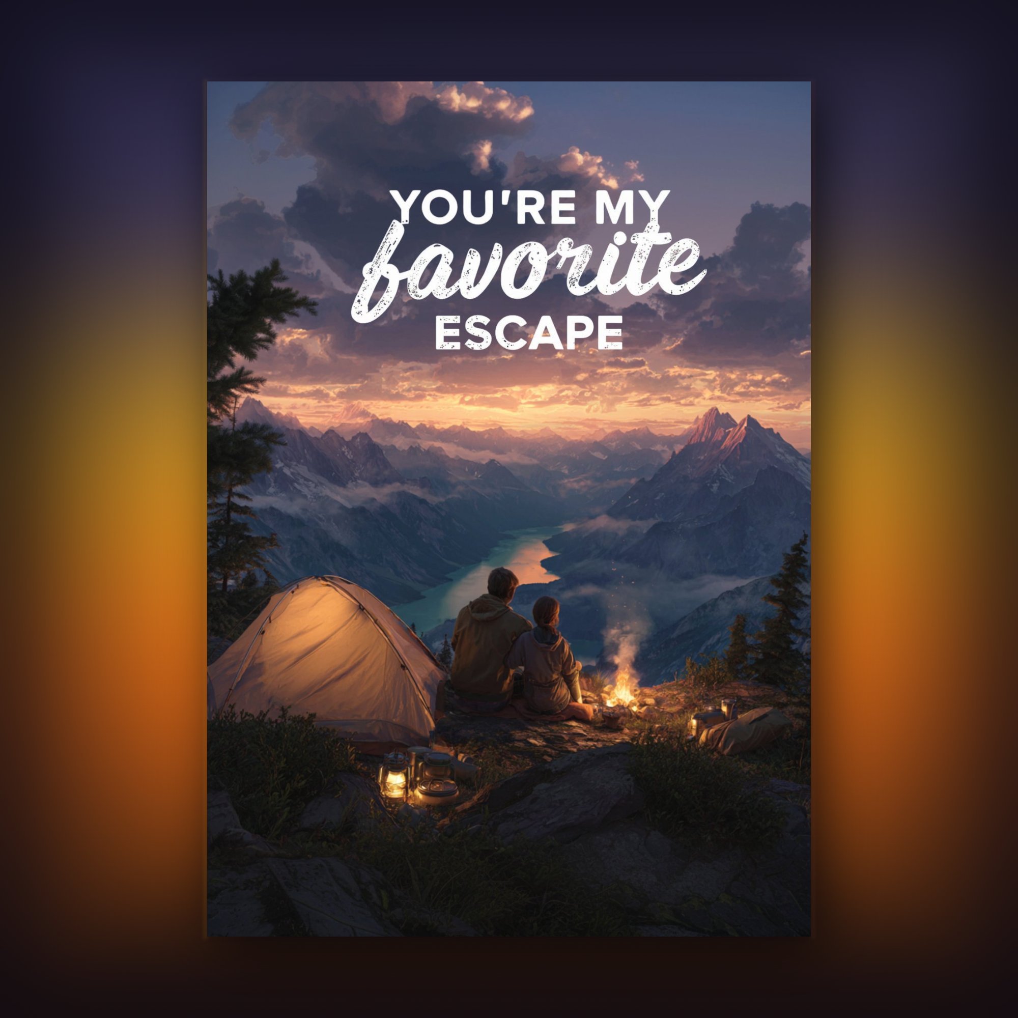 Card of a couple camping with a scenic mountain view and 'You're My Favorite Escape' text.