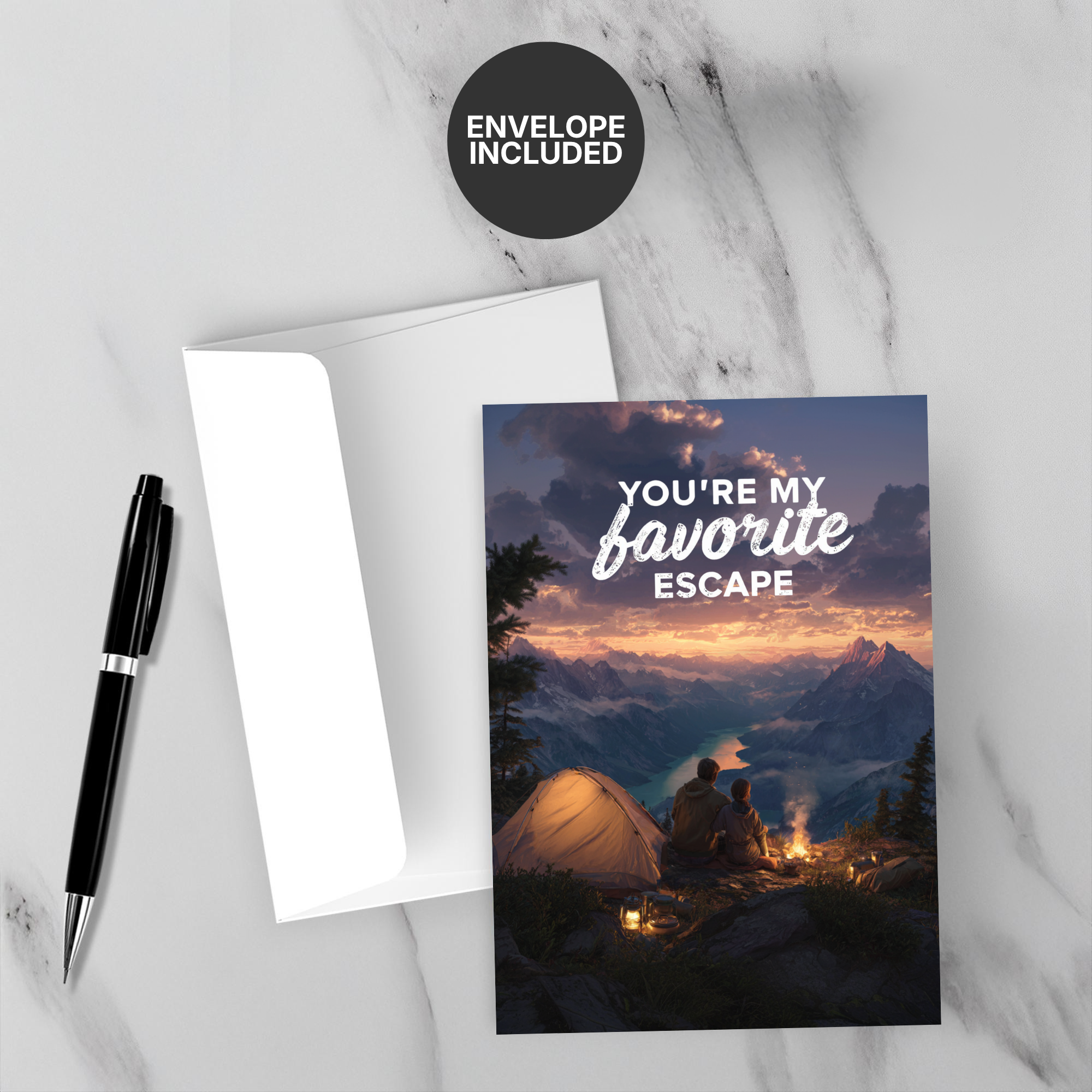 Greeting card with 'You're my favorite escape' text and a couple by a campfire, envelope included.