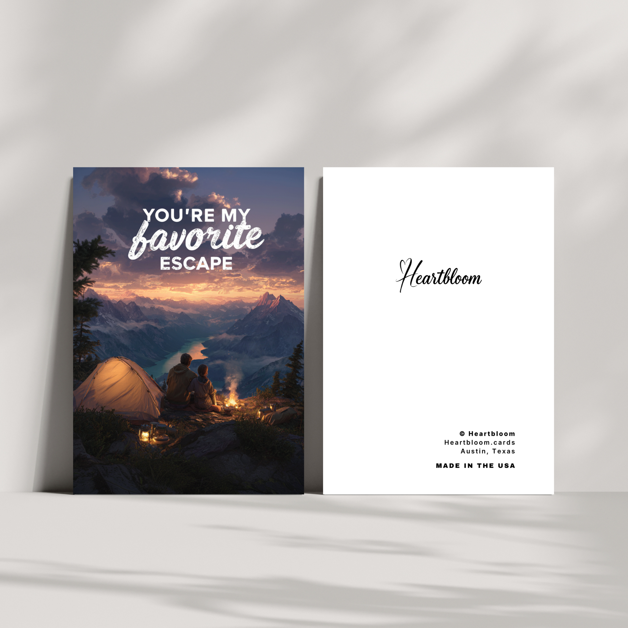Card with 'You're my favorite escape' text and a mountain scene, featuring the brand 'Heartbloom'.