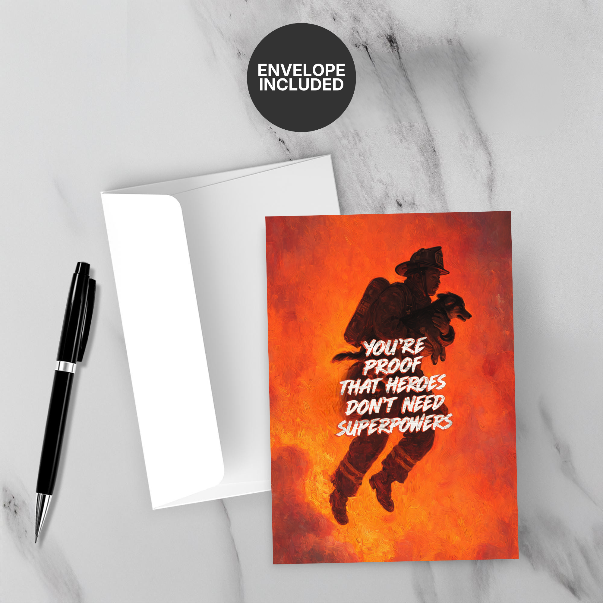 Greeting card with silhouette of a person and dog, text 'You're proof that heroes don't need superpowers', white envelope, and pen on marble surface.