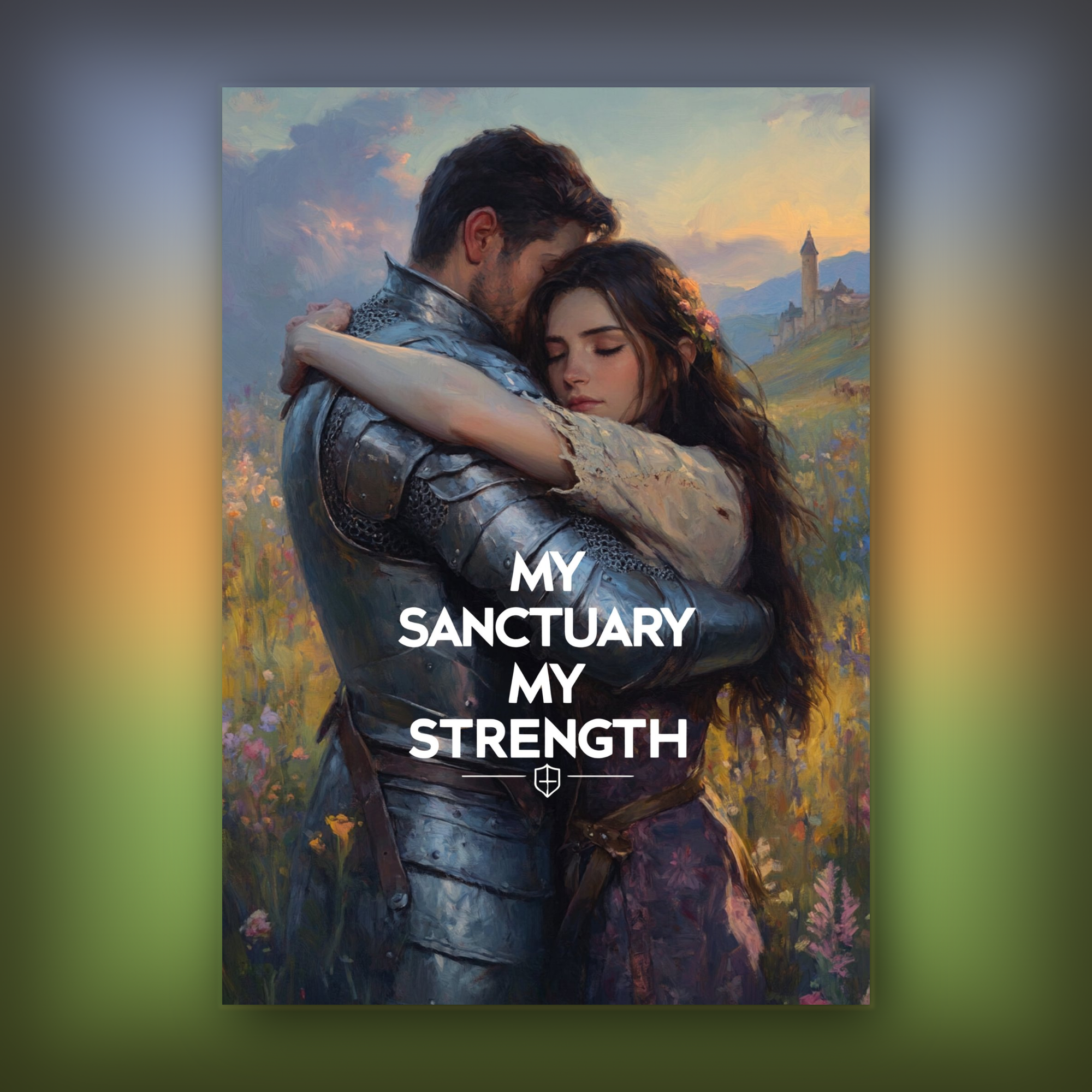 Card of a couple embracing with 'My Sanctuary My Strength' text in a scenic setting