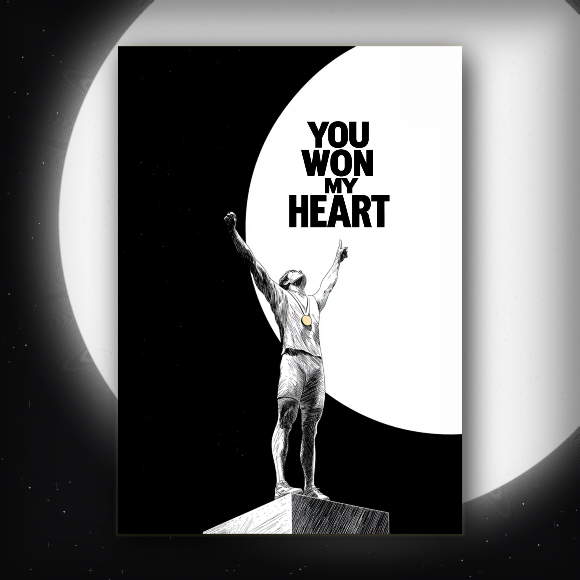 Card with a silhouette of a person on top of a mountain, reaching towards the sky with 'You Won My Heart' text.