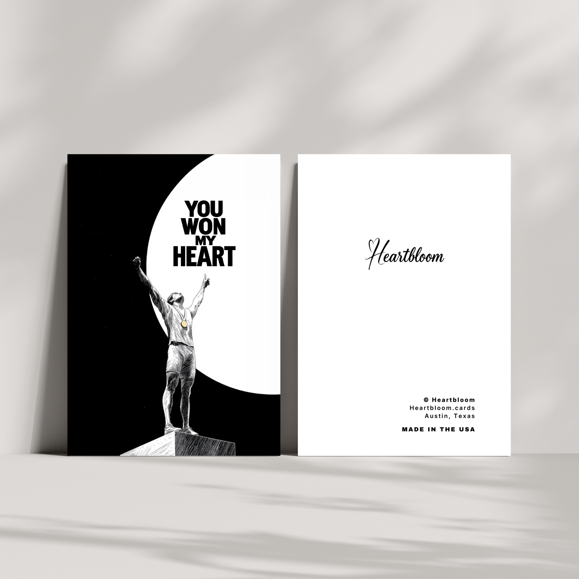 Card with 'You Won My Heart' text and 'Heartbloom' branding on a white background