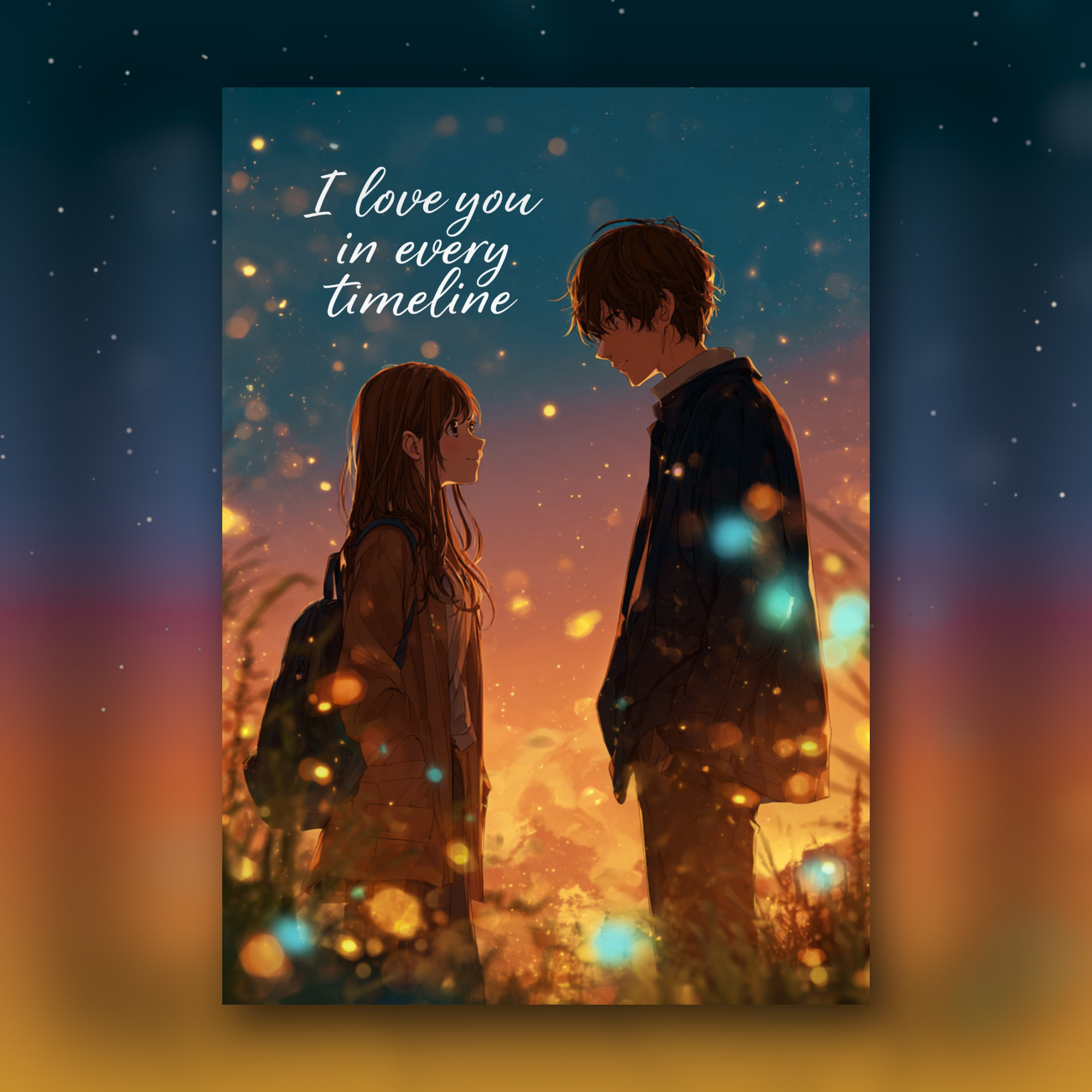 Car of illustration of a couple standing close together with 'I love you in every timeline' text against a starry sky.