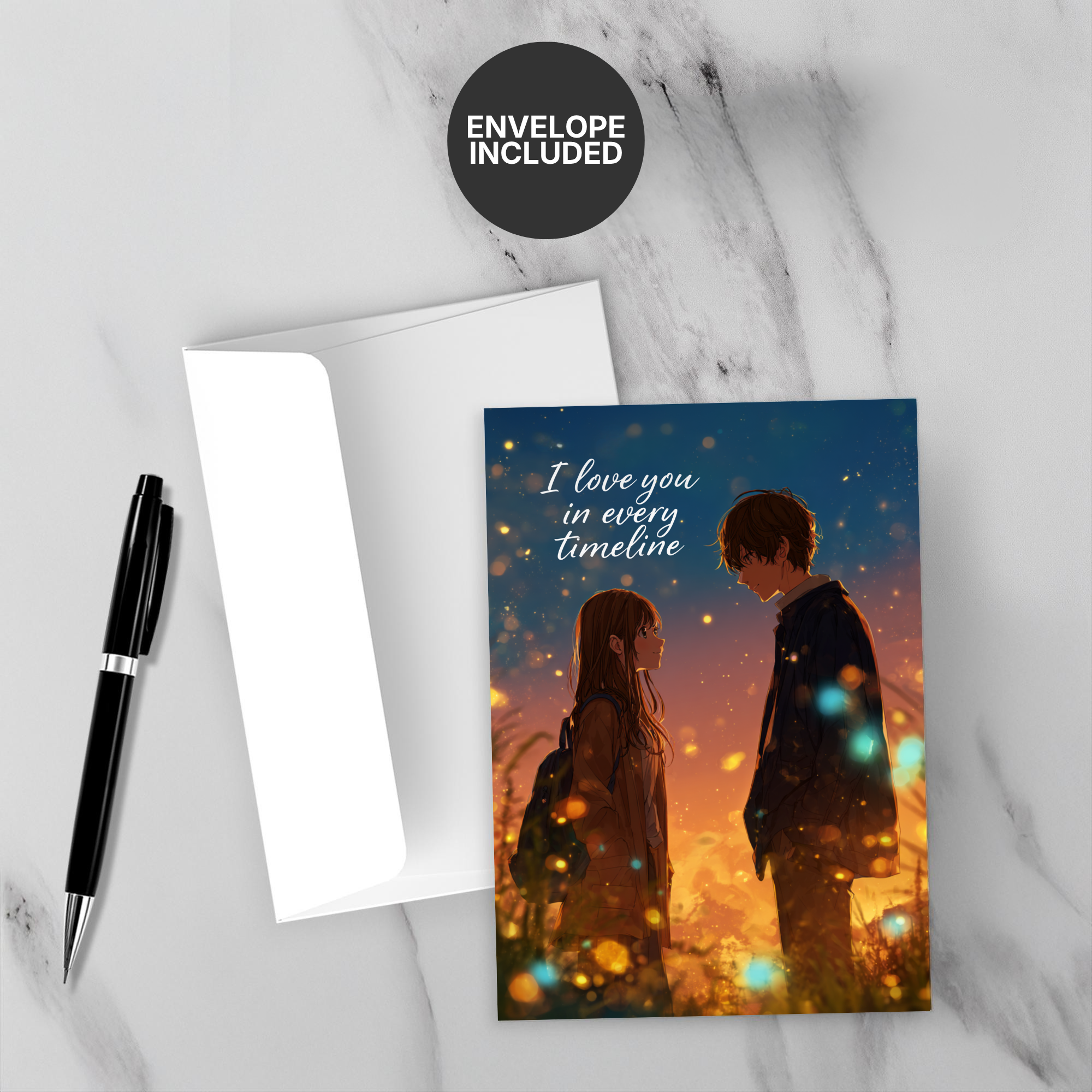 Greeting card with couple silhouette and 'I love you in every timeline' text, envelope included.