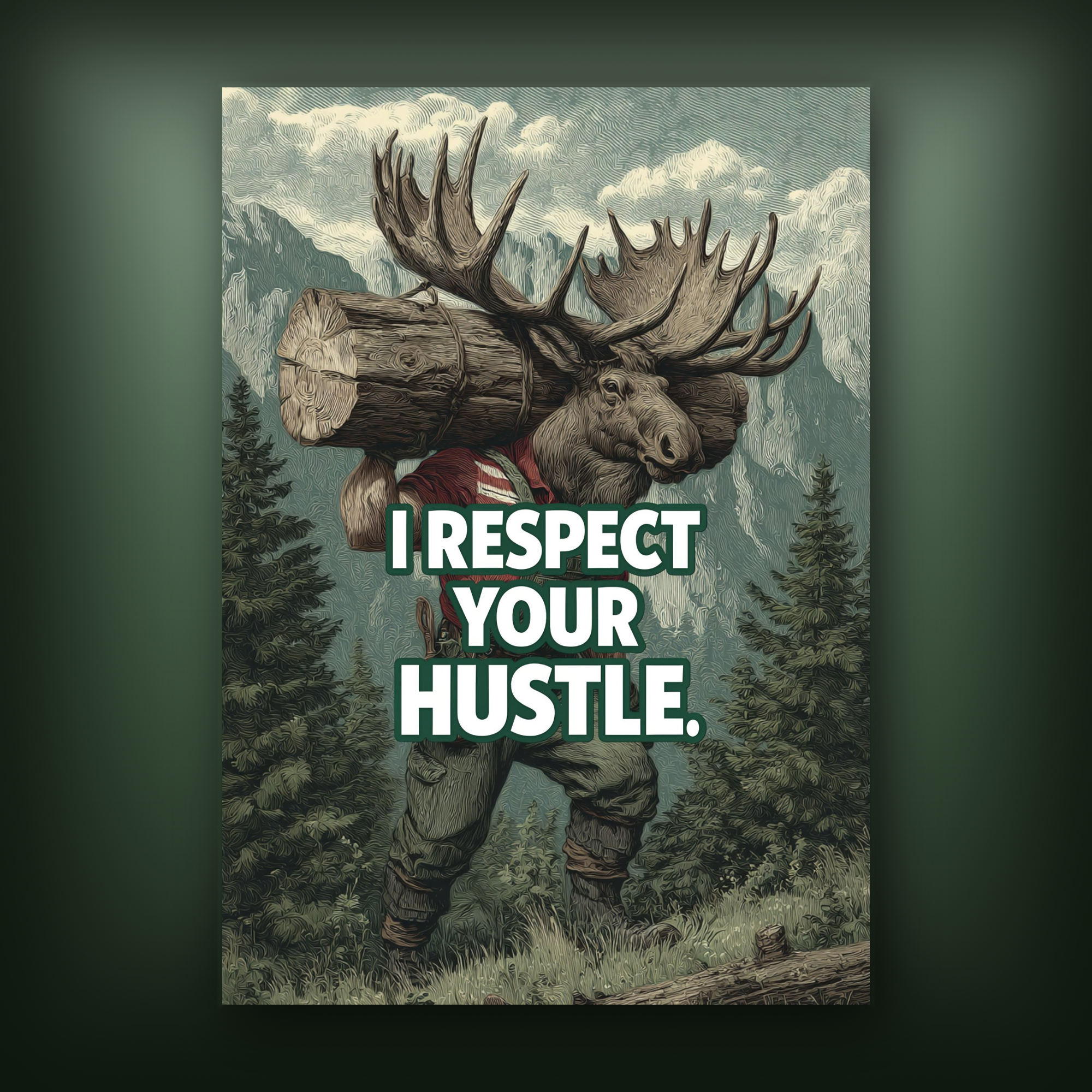 Card with moose carrying logs with 'I Respect Your Hustle' text in a forest setting