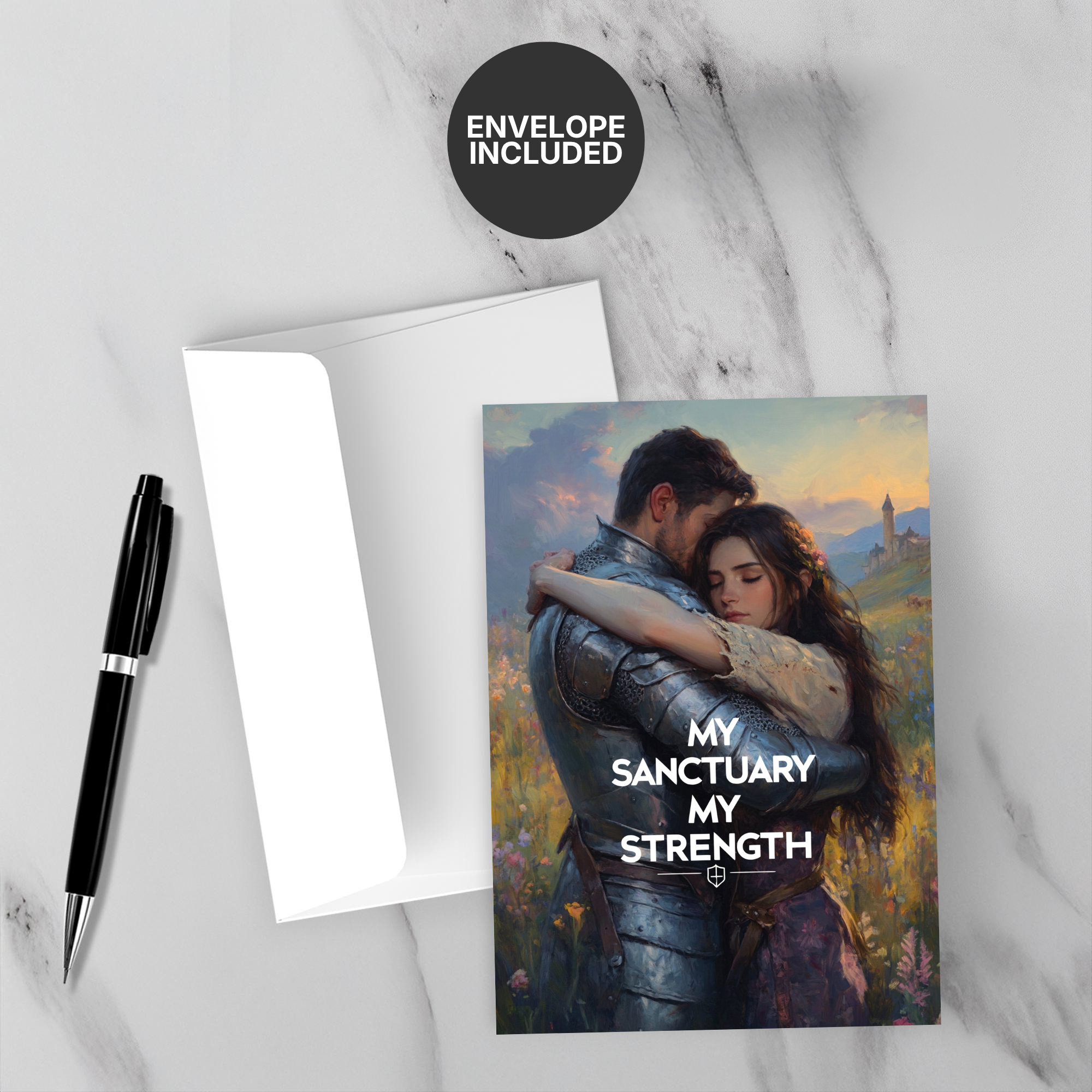 Greeting card with couple embracing and text 'My sanctuary, my strength' on a marble surface with a pen and envelope.