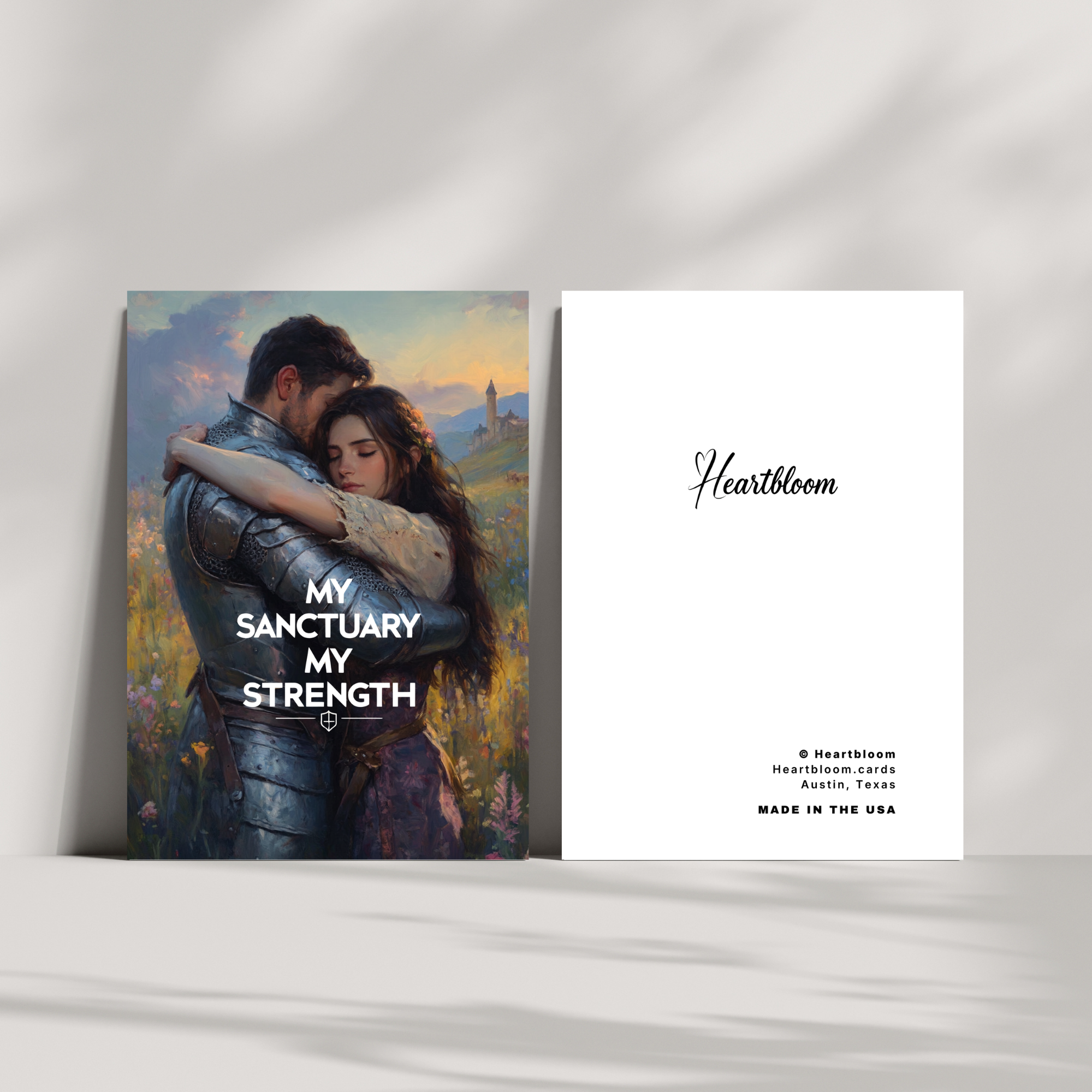 Card with a romantic illustration of a couple and text 'My Sanctuary My Strength' on a white background.