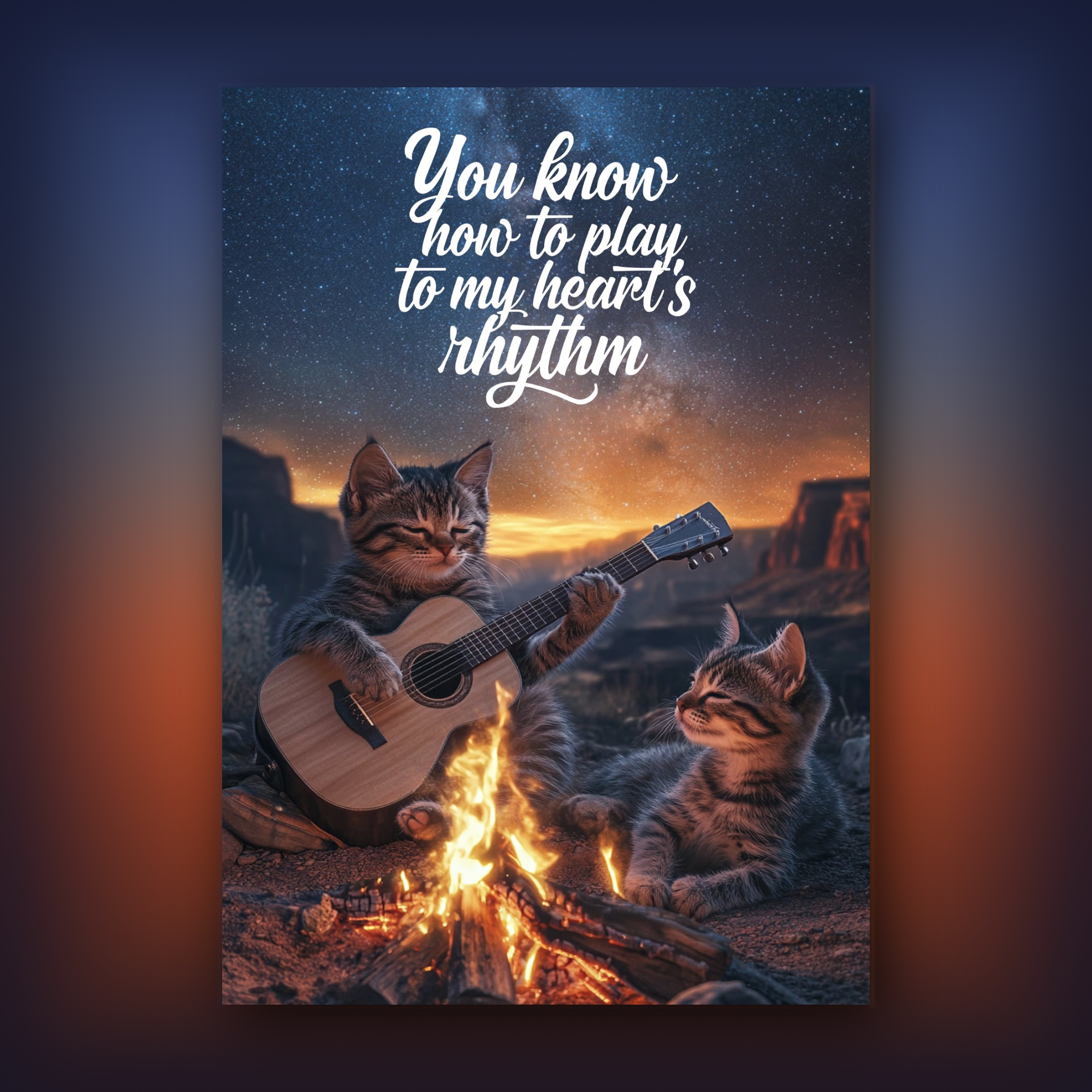 Two cats playing guitar by a campfire with a romantic quote against a starry sky.