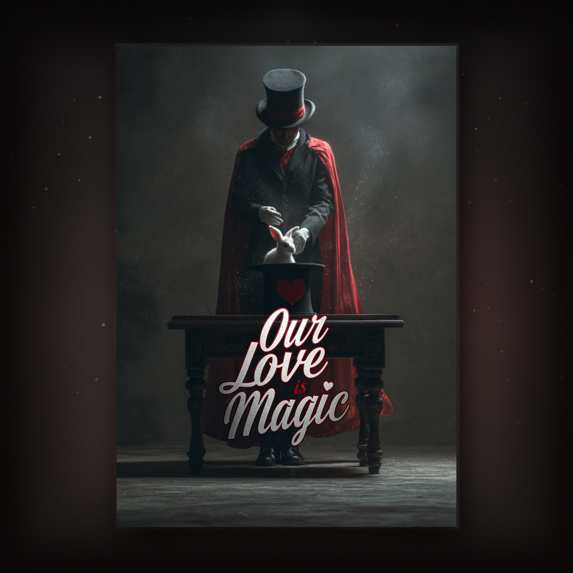 Magician in a top hat and red cape with 'Our Love is Magic' text on a dark background