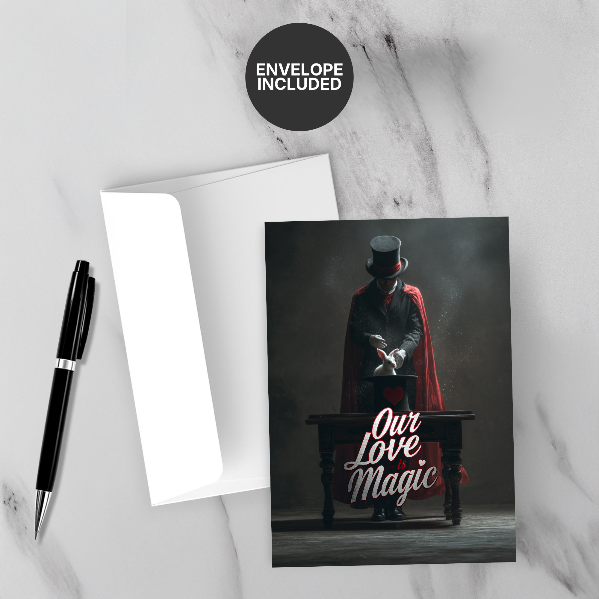 Greeting card with a magician design and envelope on a marble surface