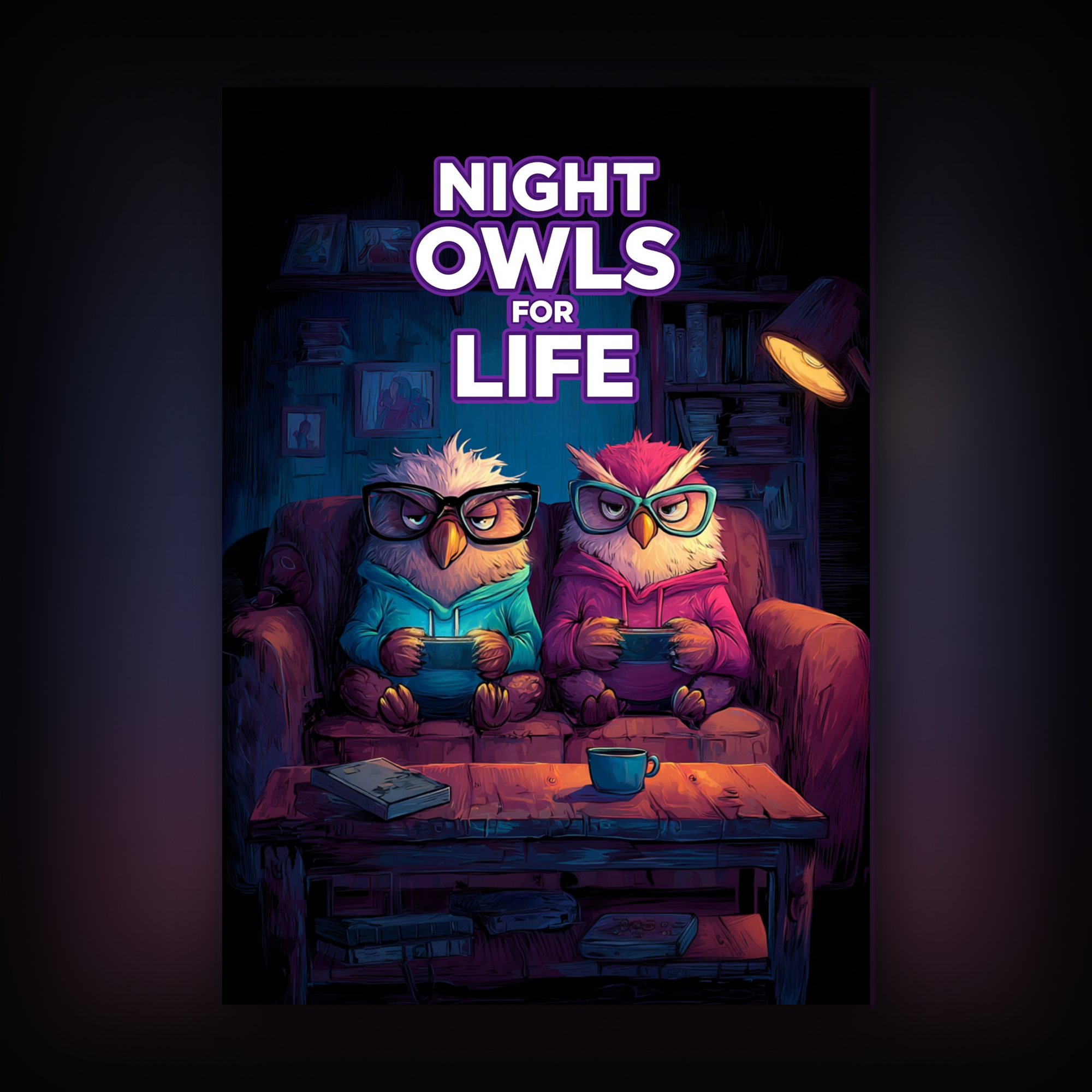 Card with two owls wearing glasses sitting on a couch with the text 'Night Owls for Life' above them.