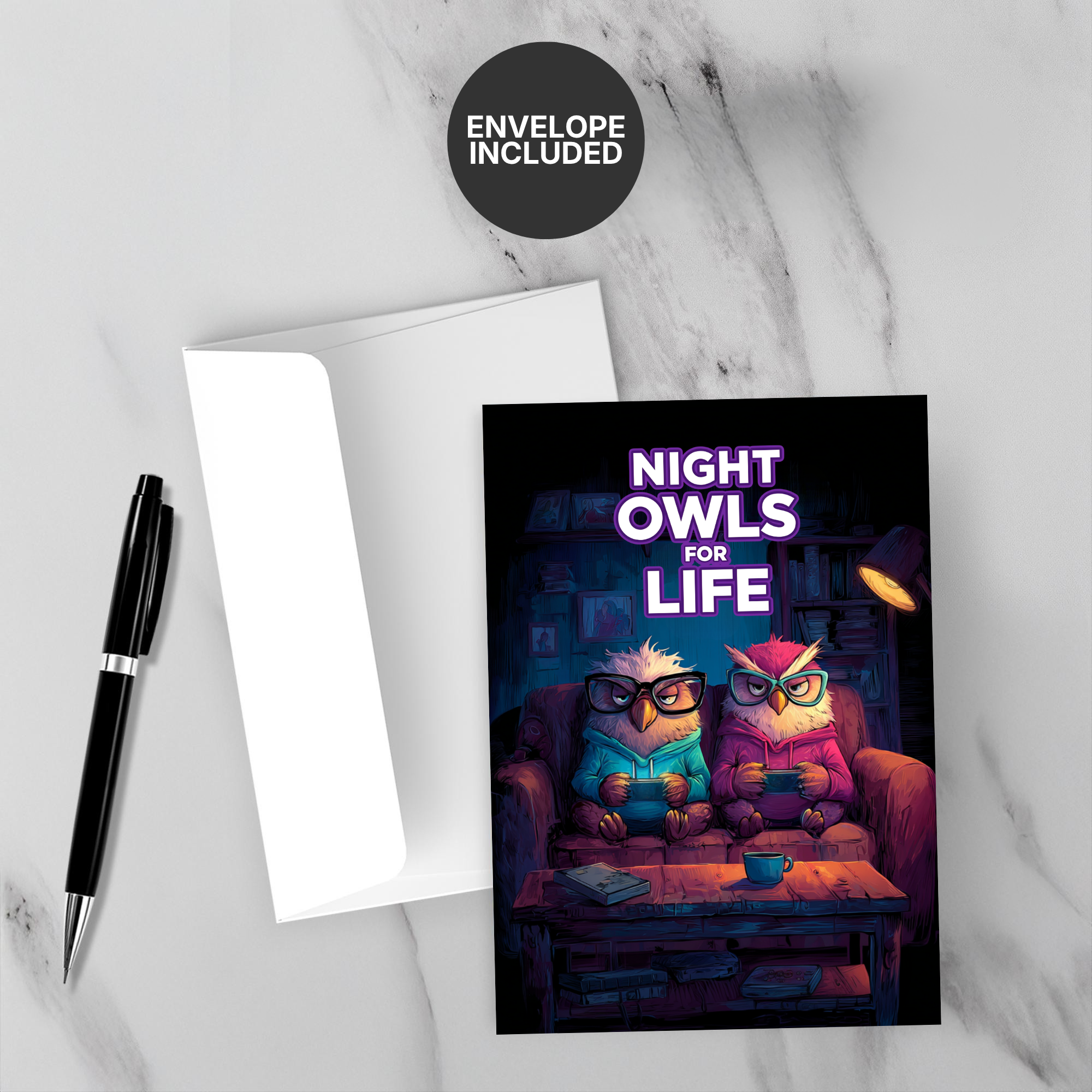 Greeting card with two owls wearing glasses on a couch, text 'Night Owls for Life', and an envelope included label on a marble surface.