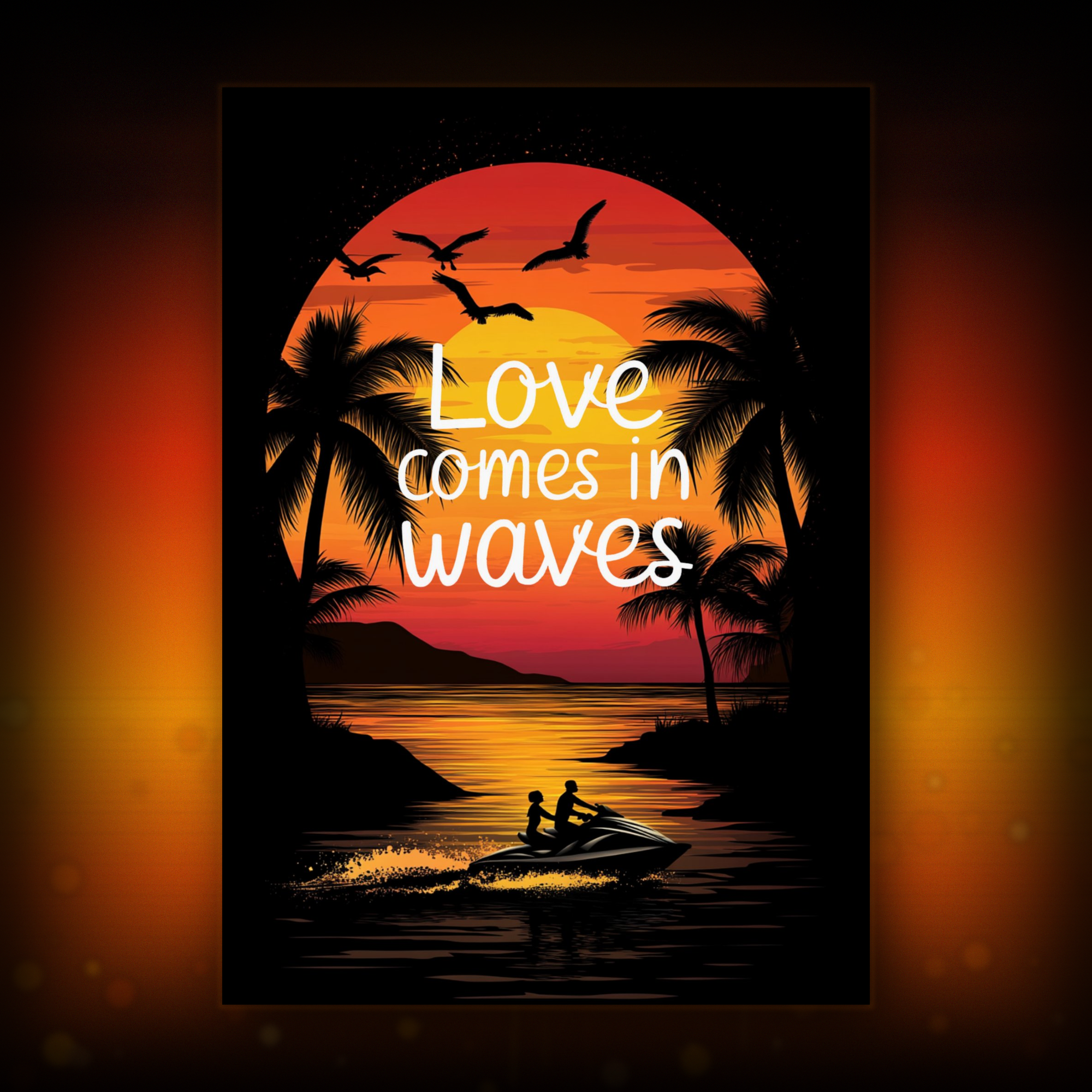 Card of surreal sunset scene with palm trees, a couple on a boat, and 'Love comes in waves' text.