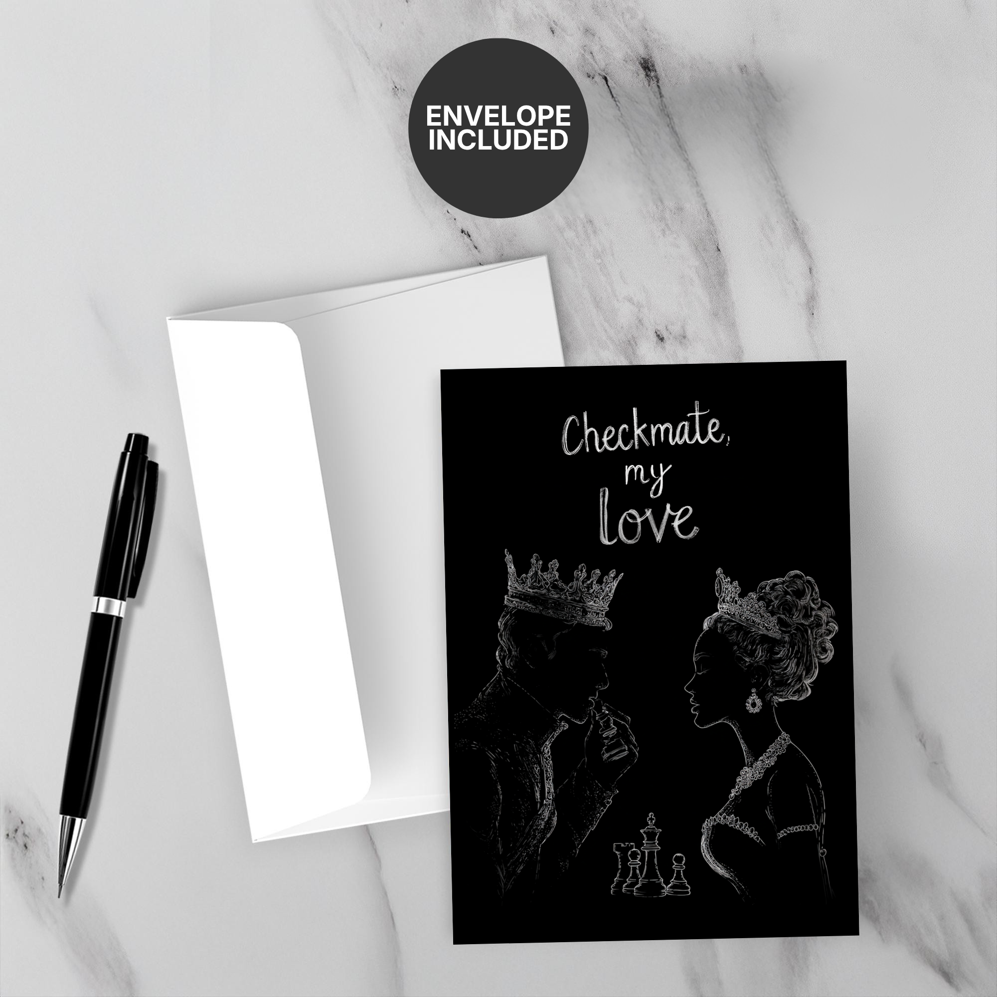 Greeting card with chess piece illustration and text 'Checkmate, my love' on a marble surface with a pen and envelope.