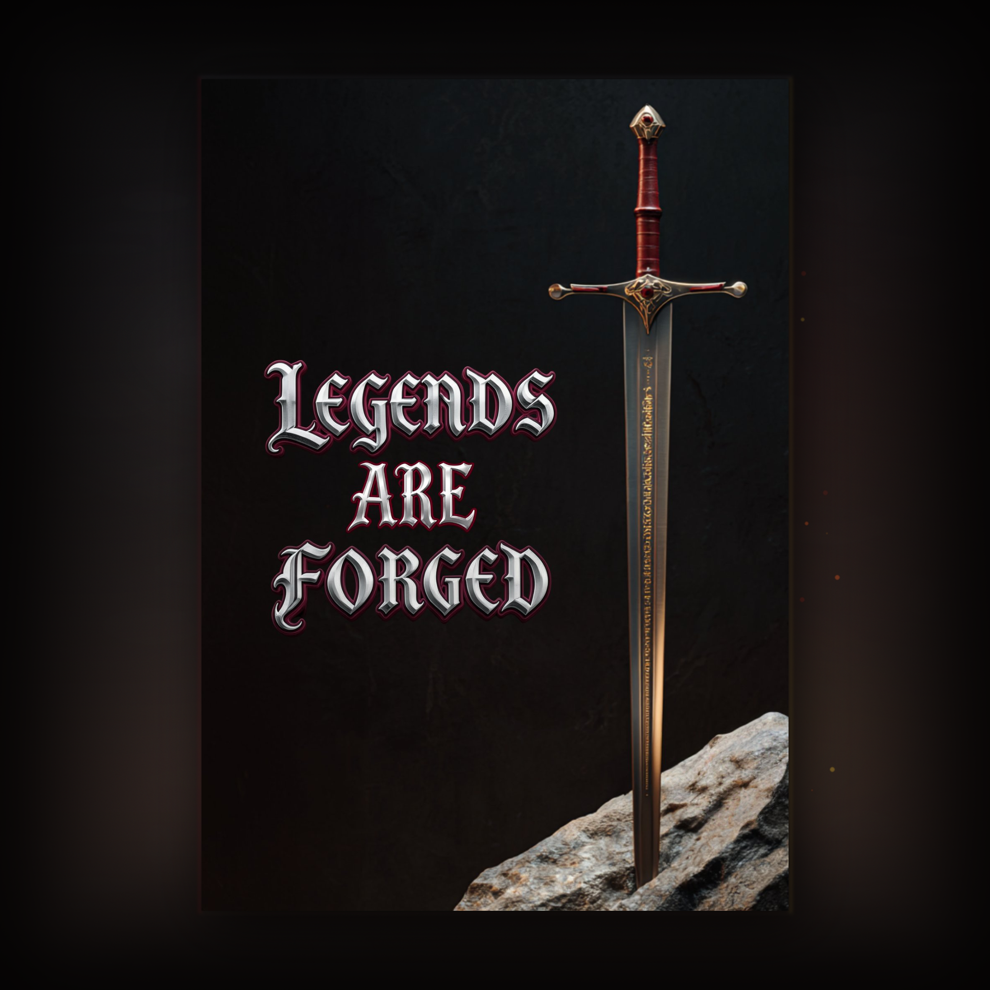 A card of a sword embedded in a stone with 'Legends Are Forged' text on a black background