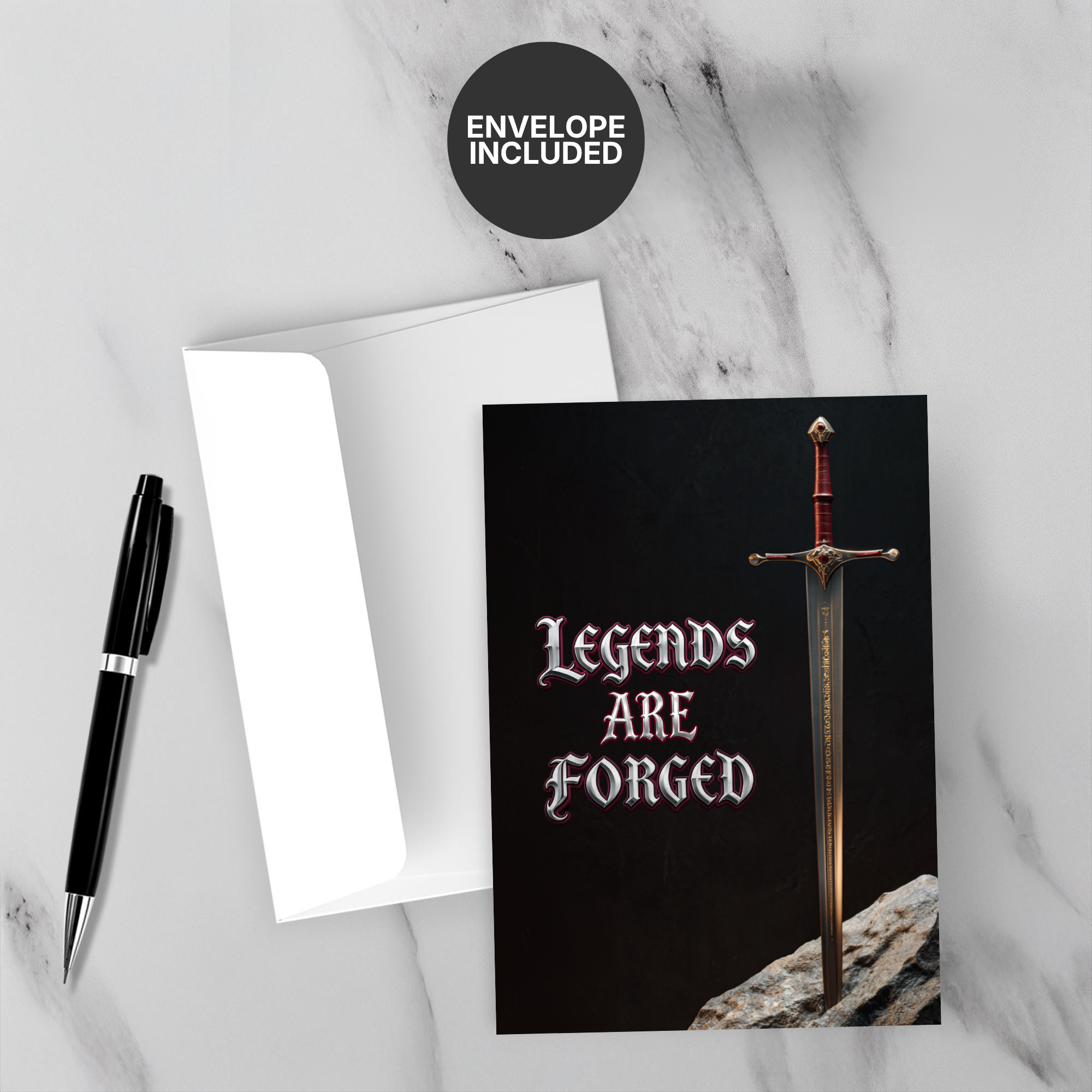 Greeting card with sword design and 'Legends are Forged' text on a marble surface with a pen and envelope.