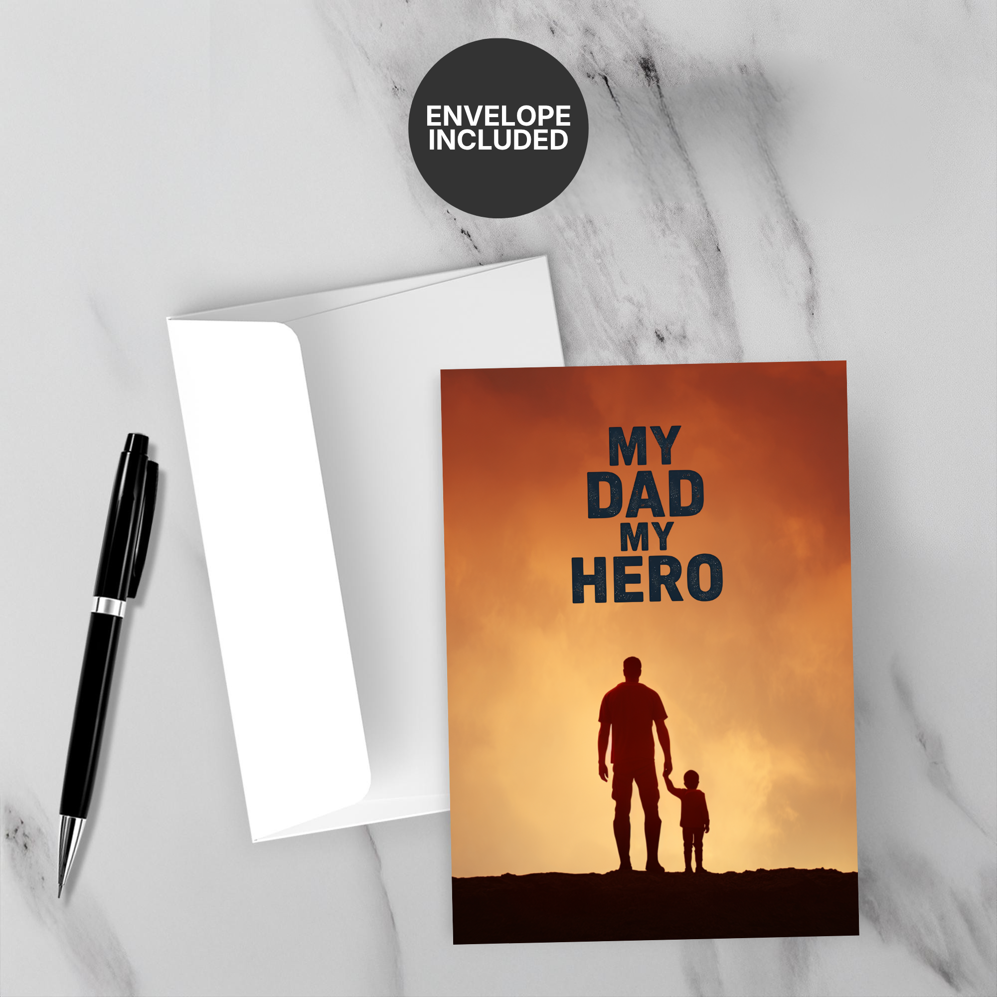 Greeting card with 'My Dad My Hero' text and silhouette of a man and child, envelope included.