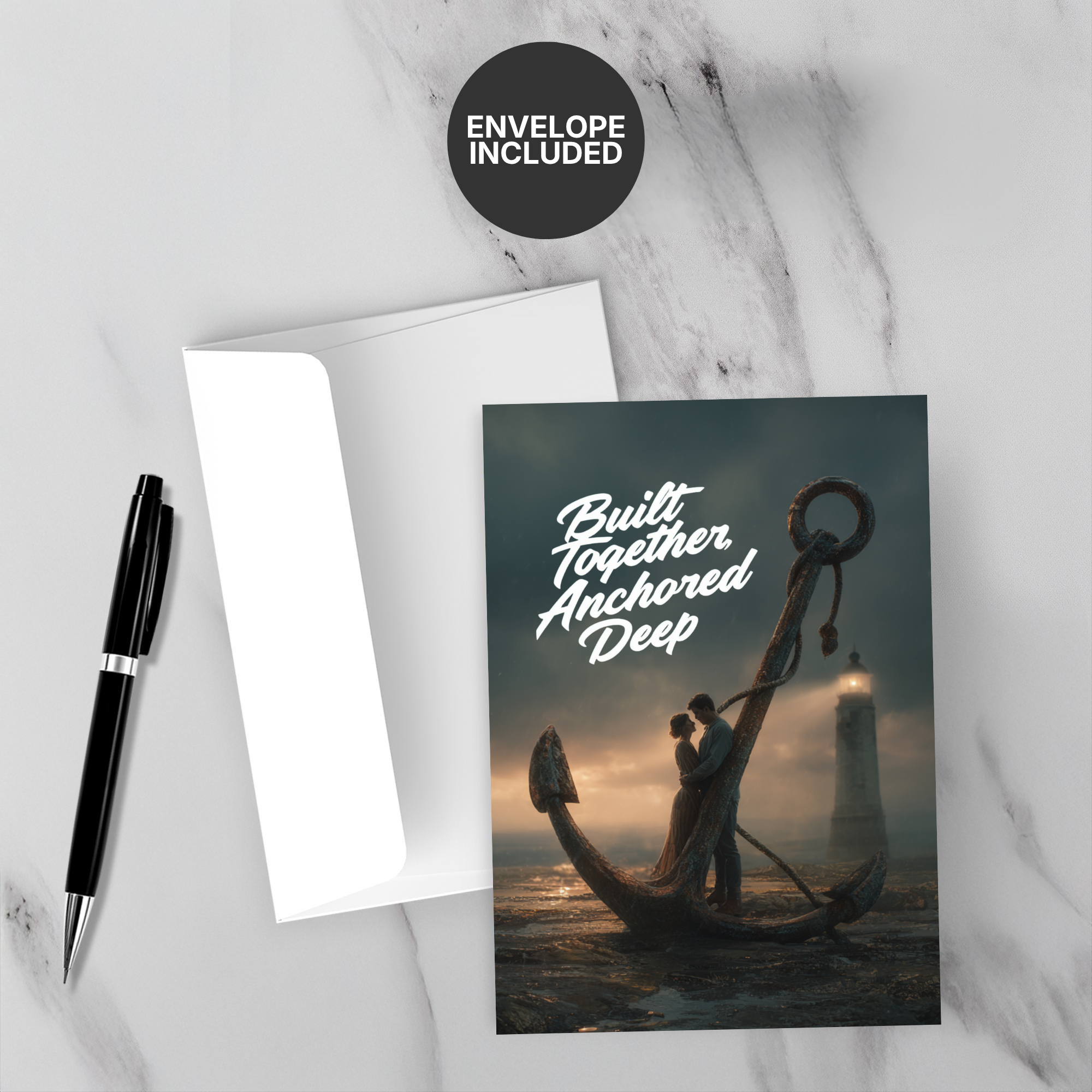 Greeting card with anchor and couple design, envelope included on marble surface