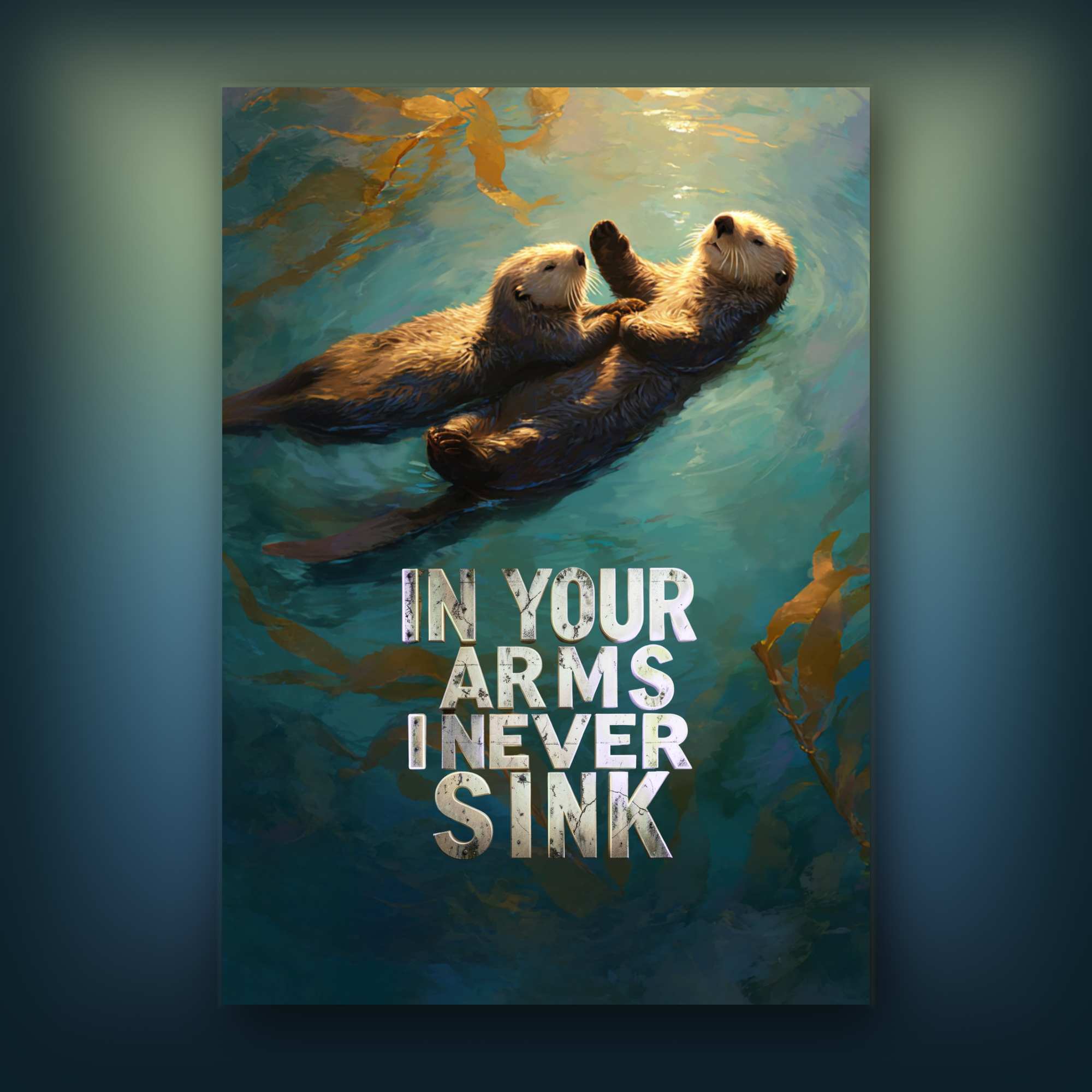 Cards with two otters swimming in water with a romantic quote above them on a gray background