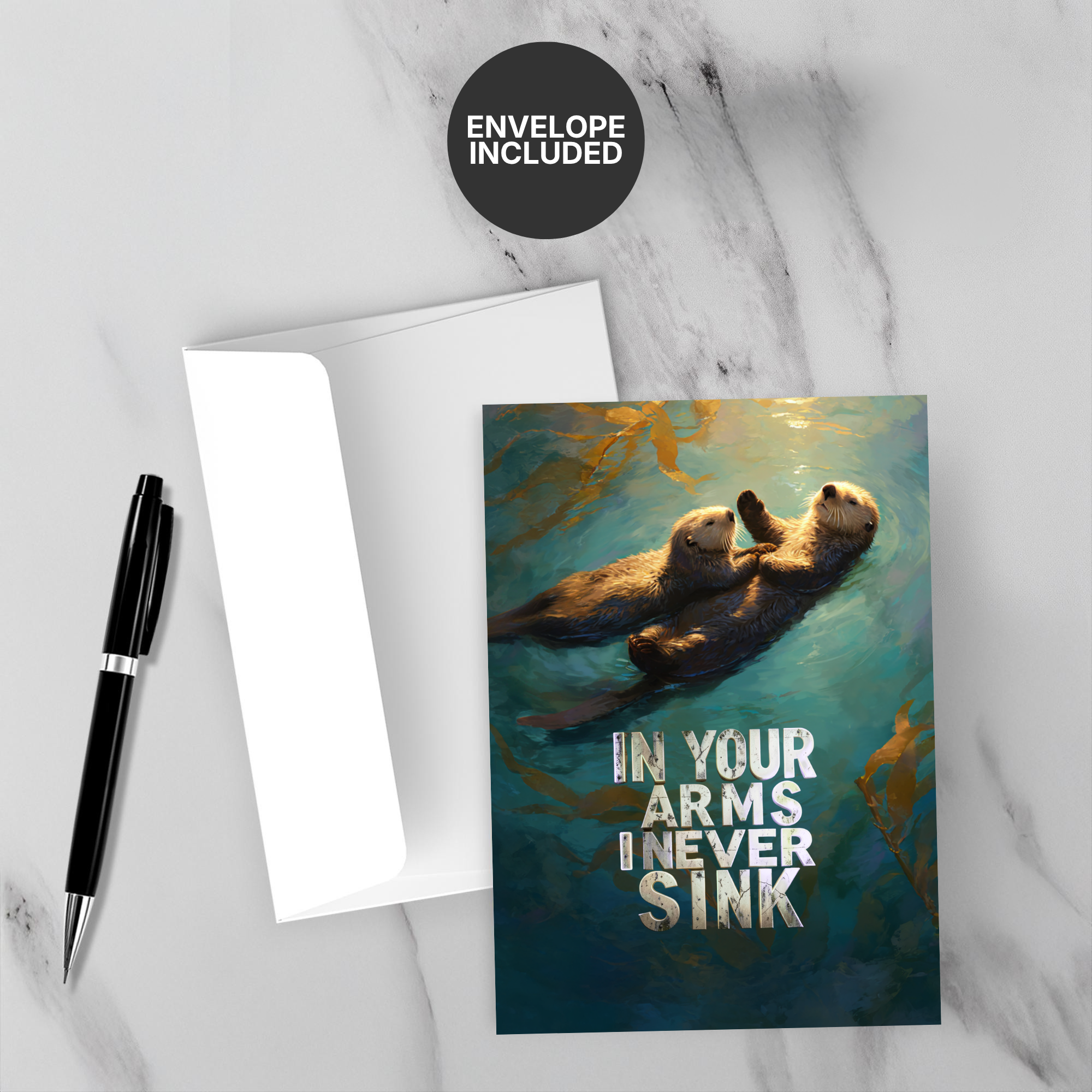 Greeting card with two otters and text 'In your arms I never sink' on a marble surface with a pen and envelope.