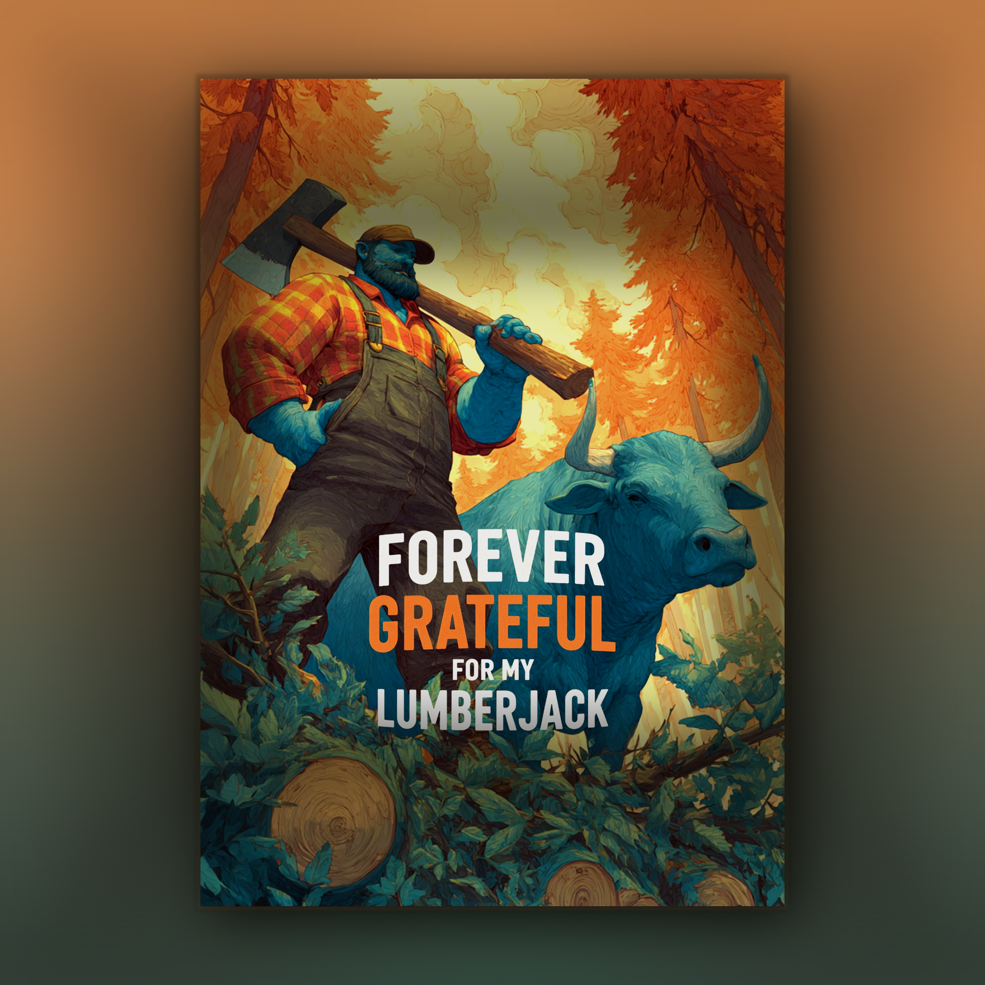Card illustration of a lumberjack holding an axe with a bull in a forest, featuring text 'Forever Grateful for my Lumberjack'.