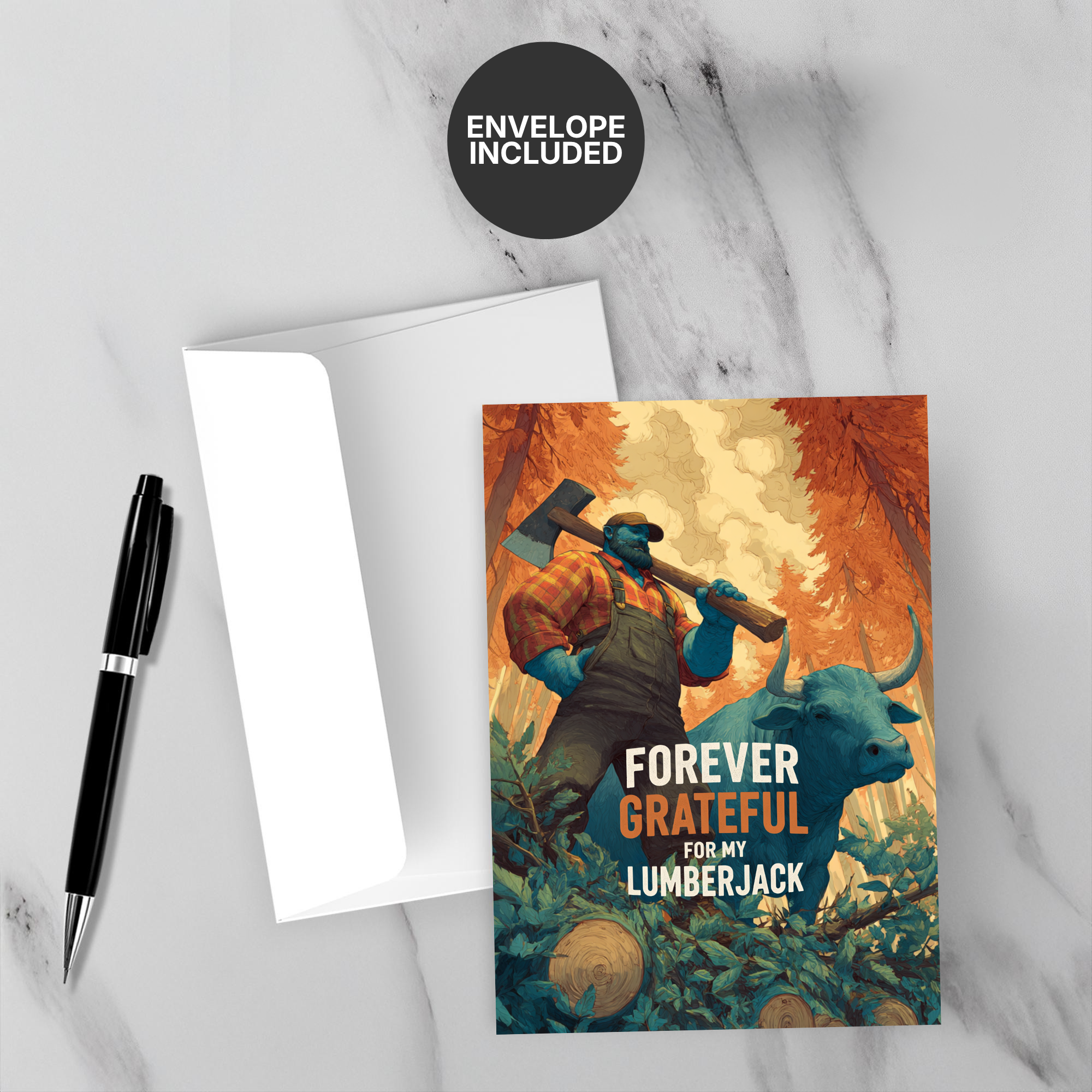 Greeting card with a lumberjack design and envelope on a marble surface