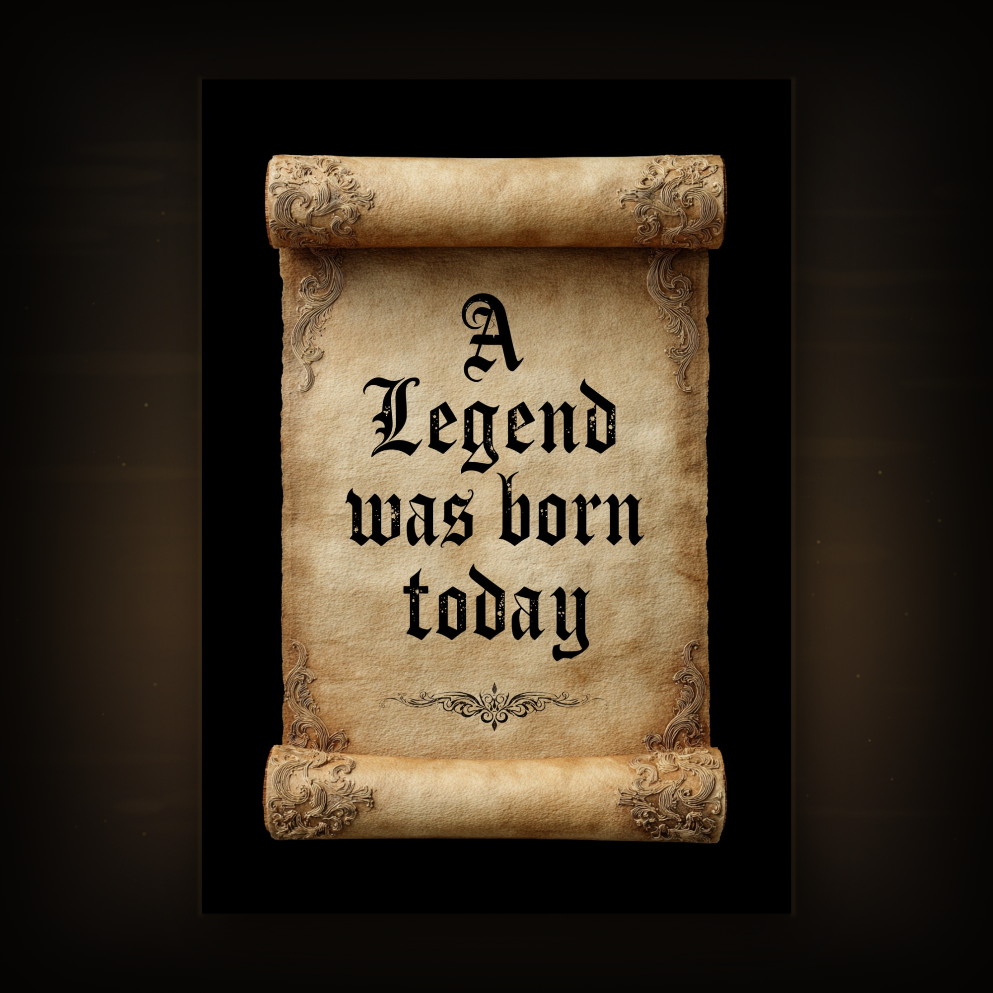 Birthday card of a decorative scroll with 'A Legend was born today' text on a light gray background