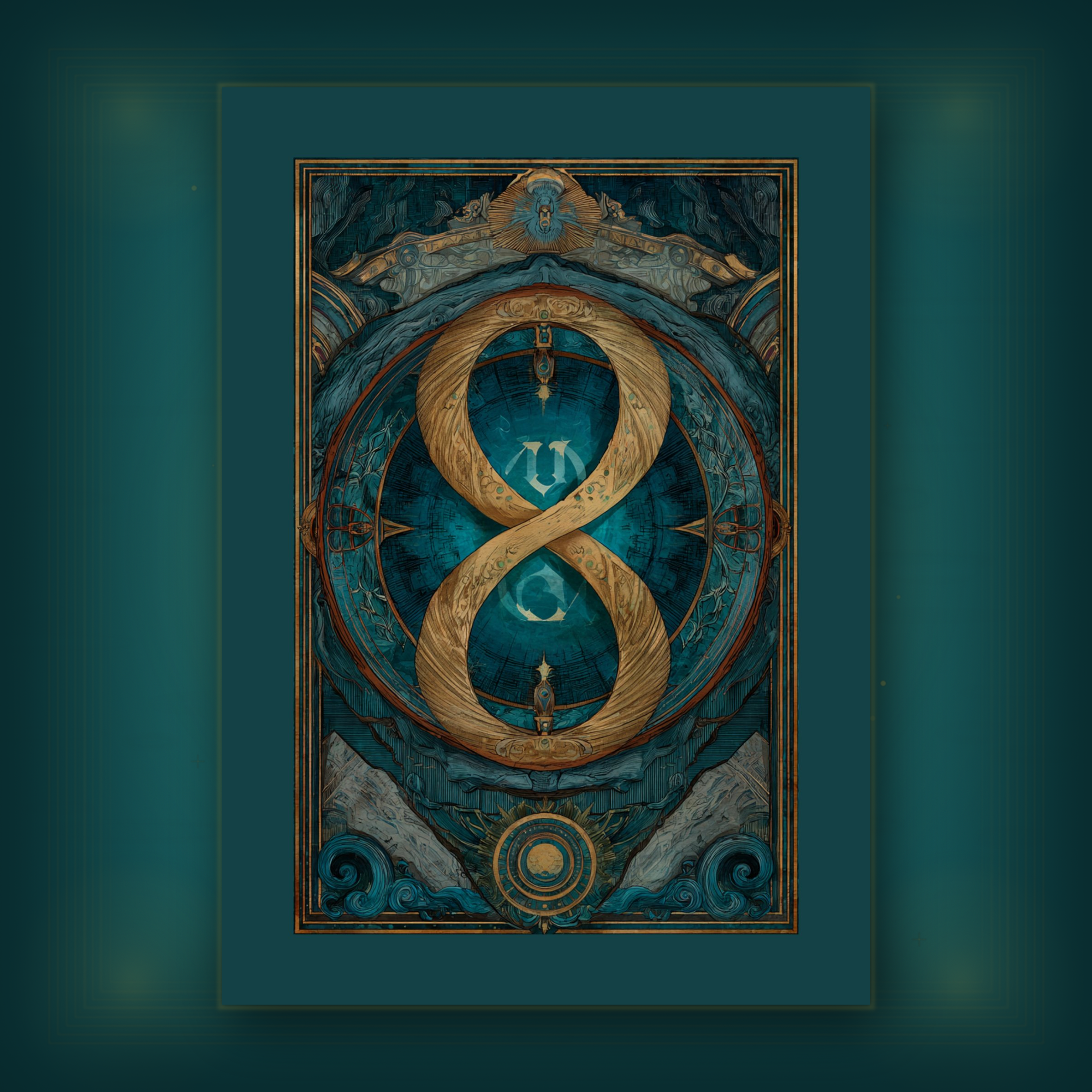 Decorative card with a large gold number '8' and intricate designs on a teal background