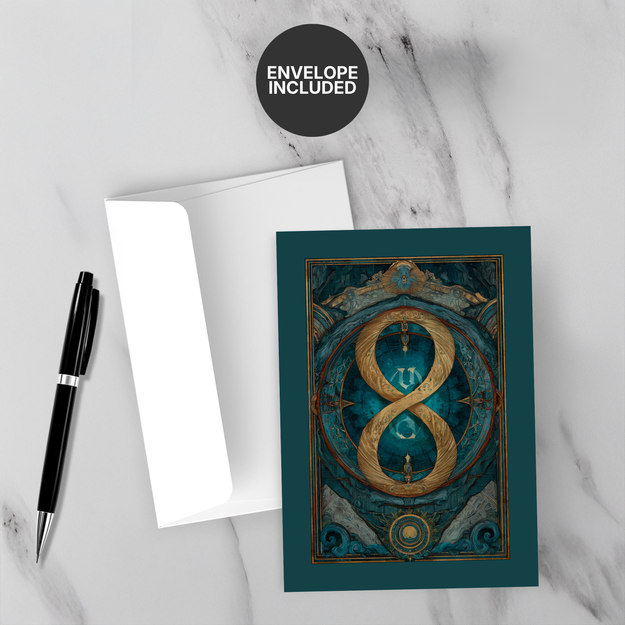 Decorative card with number 8 design on a marble surface with a pen and envelope.